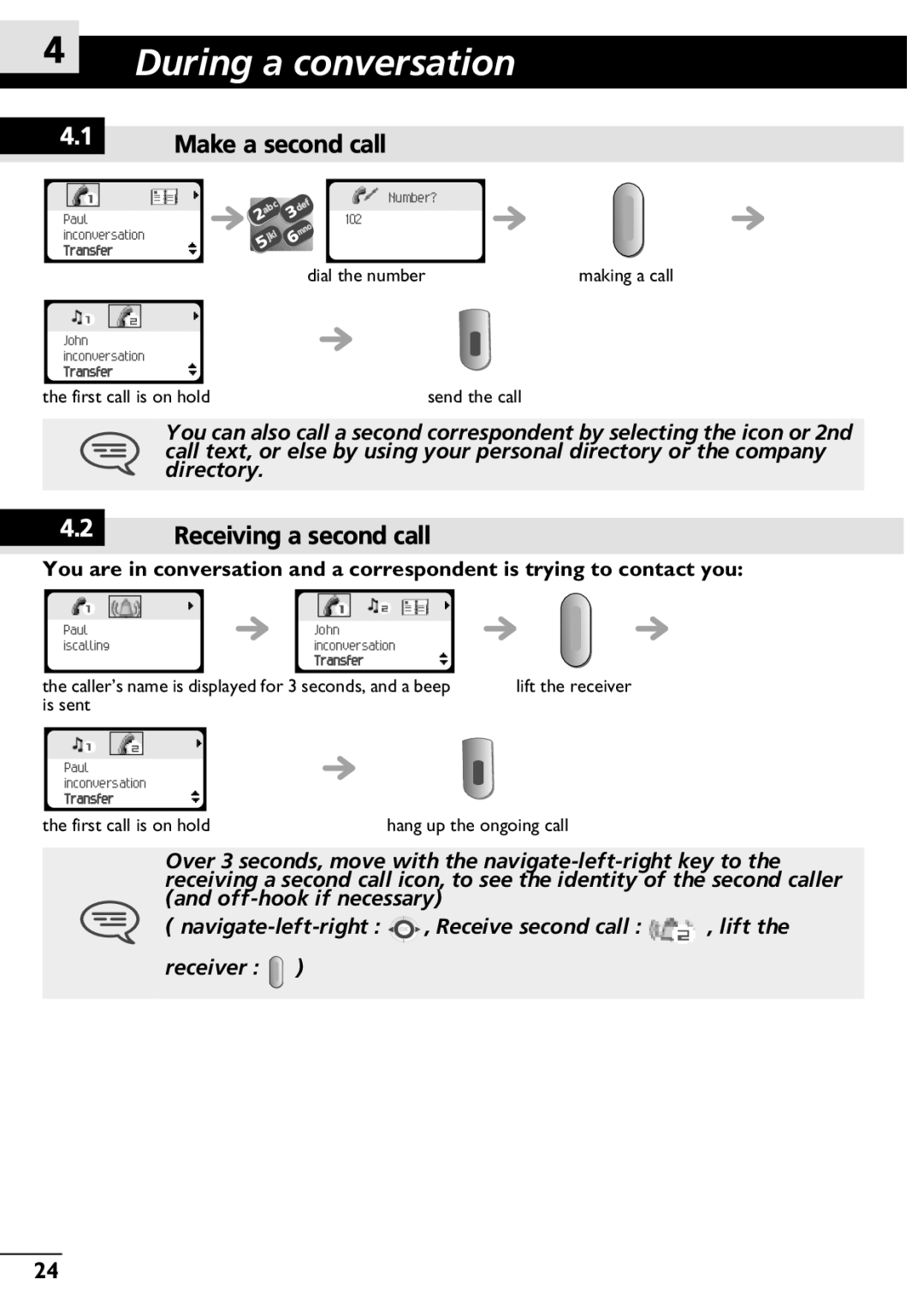 Alcatel-Lucent 300, 400 manual During a conversation, Make a second call, Receiving a second call 