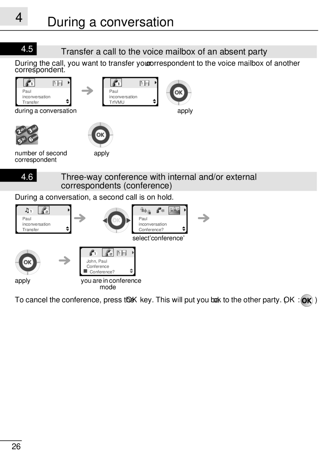 Alcatel-Lucent 300, 400 manual During a conversation, Transfer a call to the voice mailbox of an absent party 