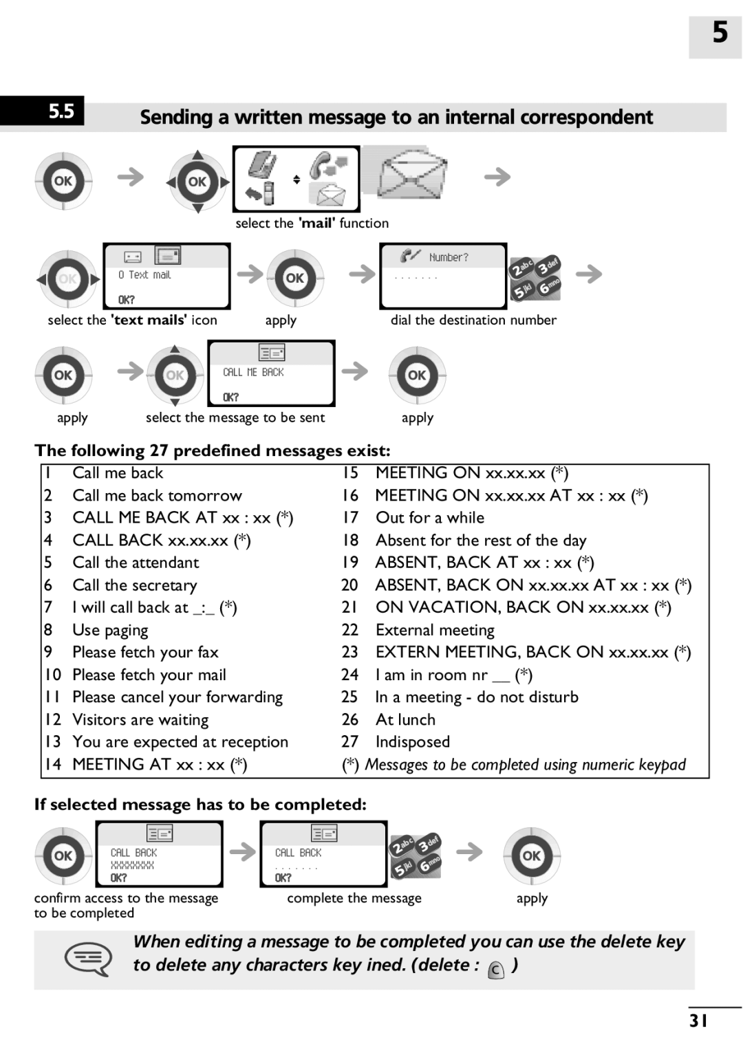 Alcatel-Lucent 400, 300 manual Following 27 predefined messages exist, If selected message has to be completed 