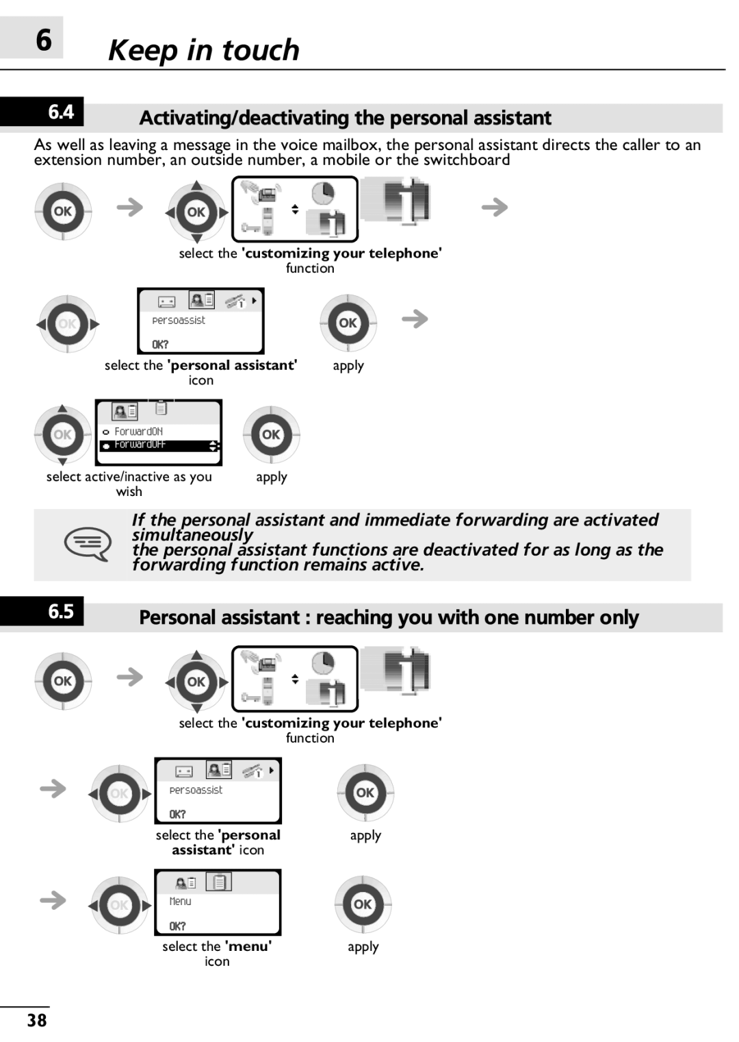 Alcatel-Lucent 300, 400 manual Keep in touch, Activating/deactivating the personal assistant 