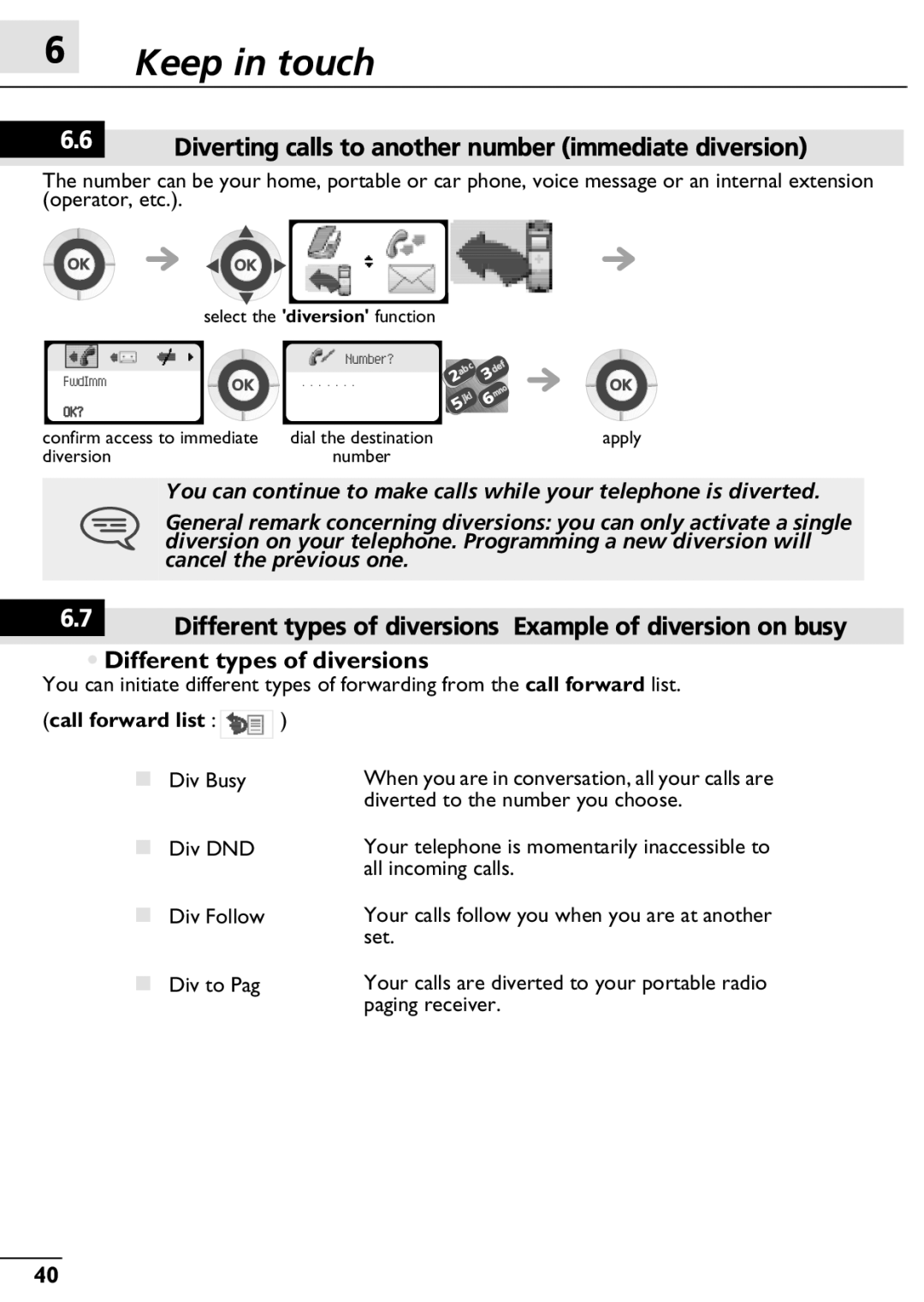 Alcatel-Lucent 300, 400 manual Diverting calls to another number immediate diversion, Different types of diversions 