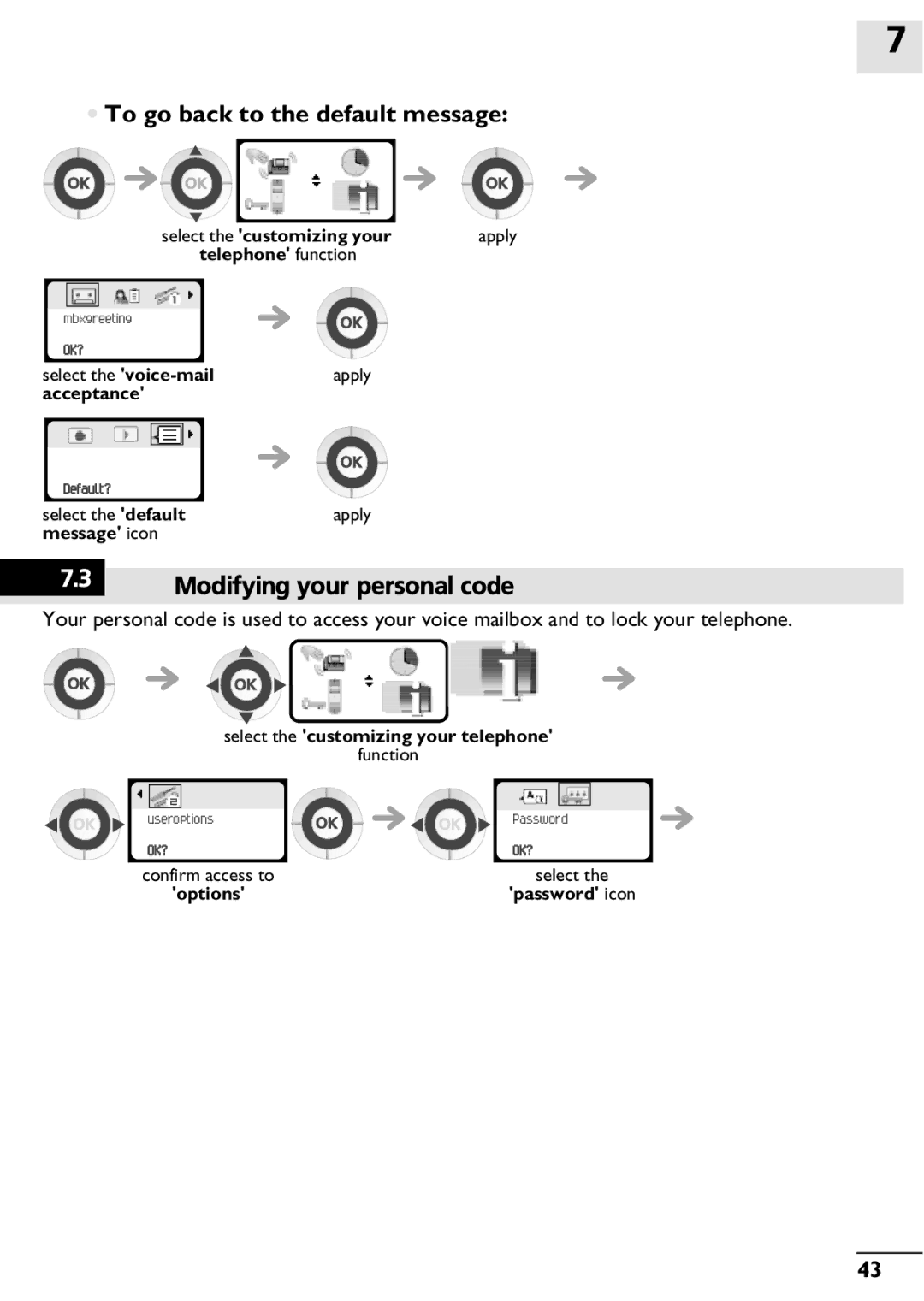 Alcatel-Lucent 400, 300 manual To go back to the default message, Modifying your personal code 