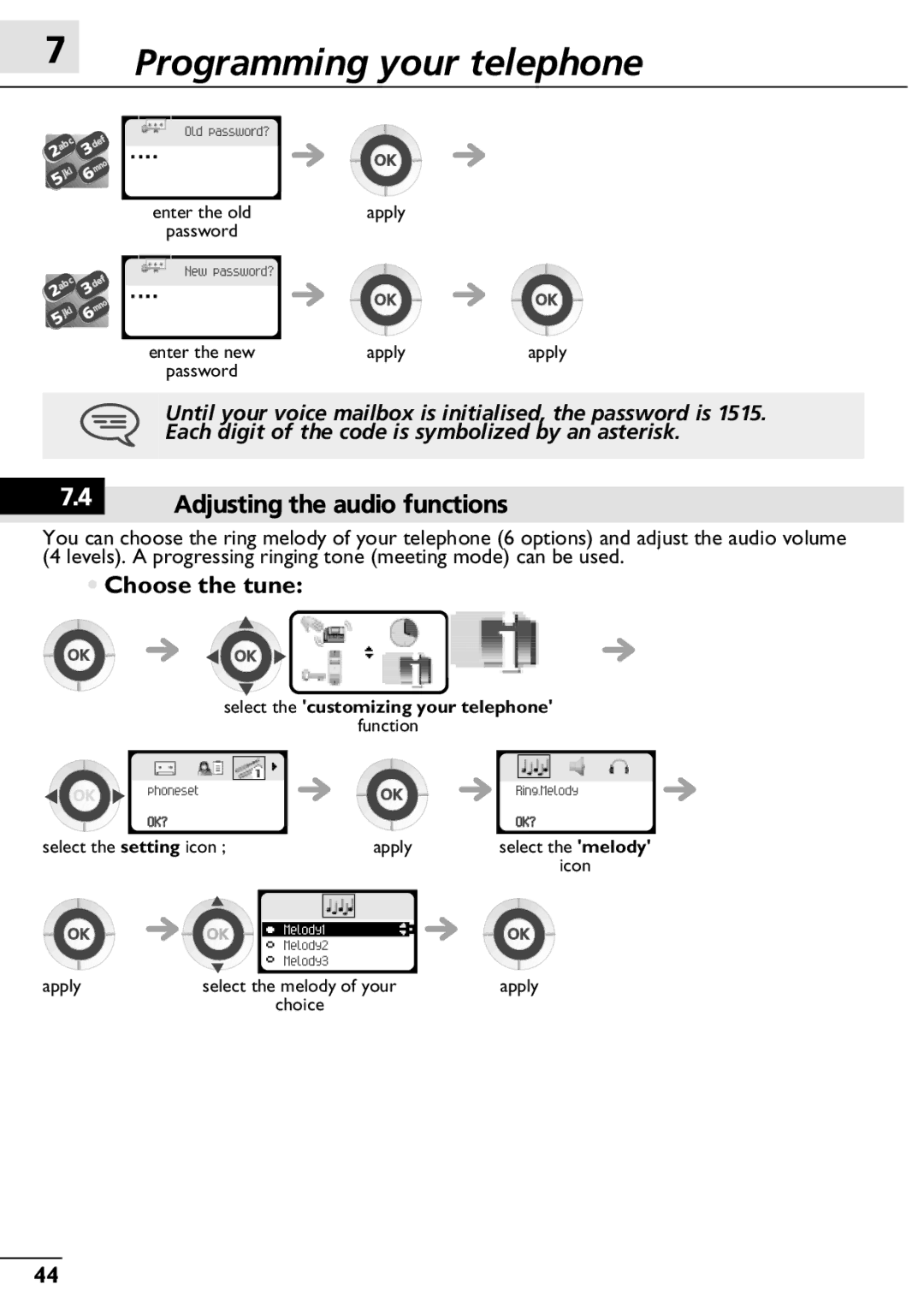 Alcatel-Lucent 300, 400 manual Programming your telephone, Adjusting the audio functions, Choose the tune 