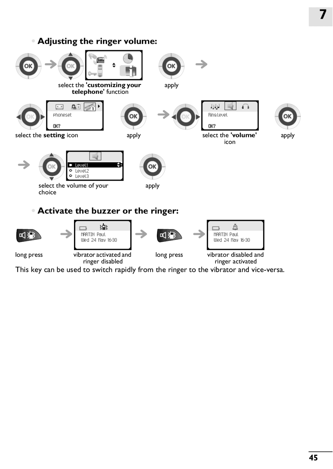 Alcatel-Lucent 400, 300 manual Adjusting the ringer volume, Activate the buzzer or the ringer 