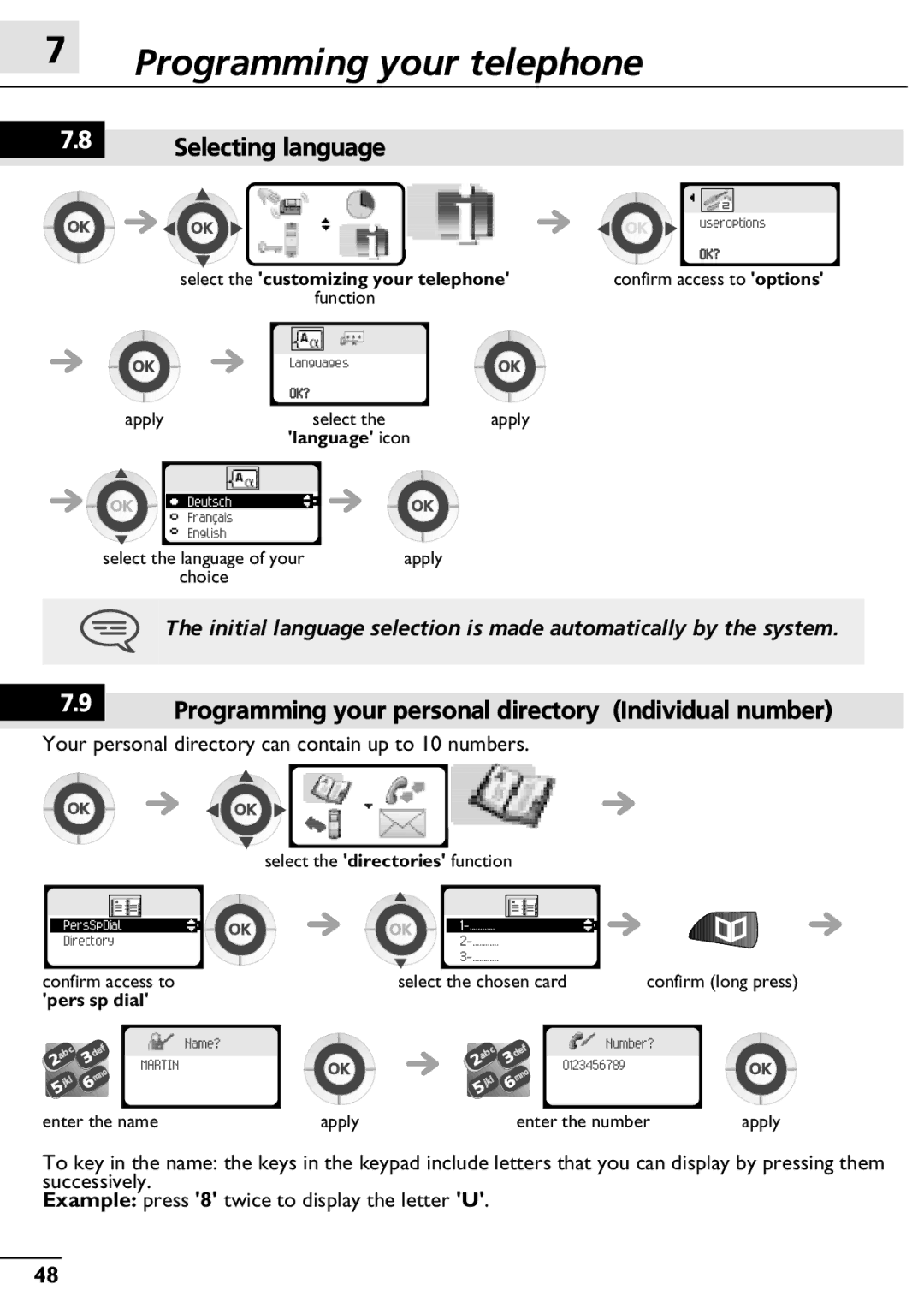 Alcatel-Lucent 300, 400 manual Selecting language, Programming your personal directory Individual number 