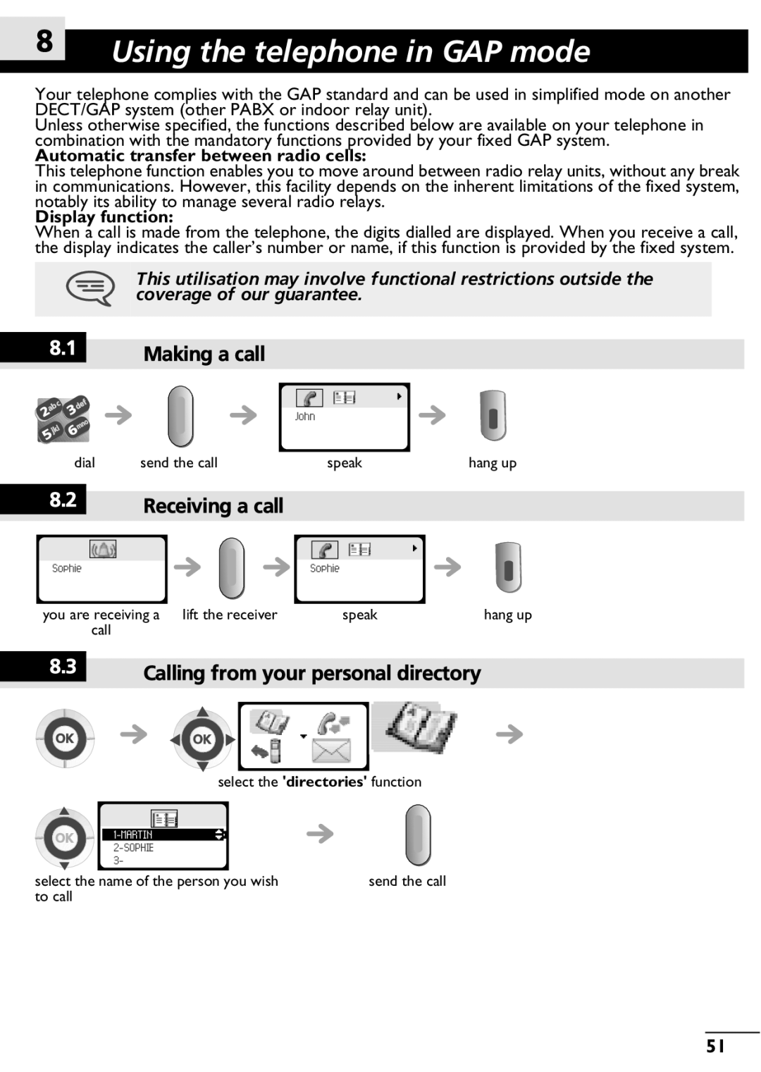 Alcatel-Lucent 400, 300 manual Using the telephone in GAP mode, Calling from your personal directory, Display function 