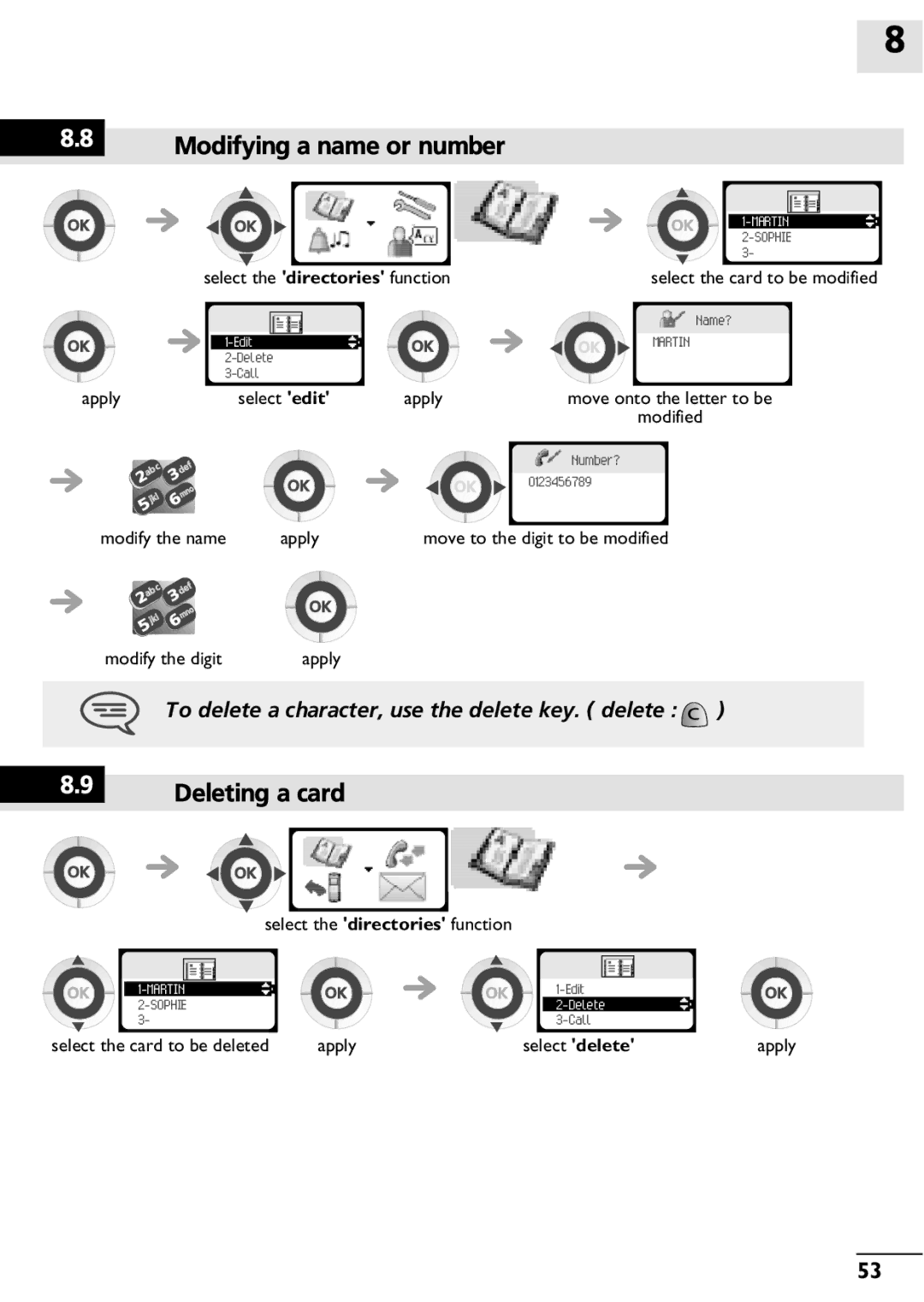 Alcatel-Lucent 400, 300 manual Modifying a name or number, Deleting a card 