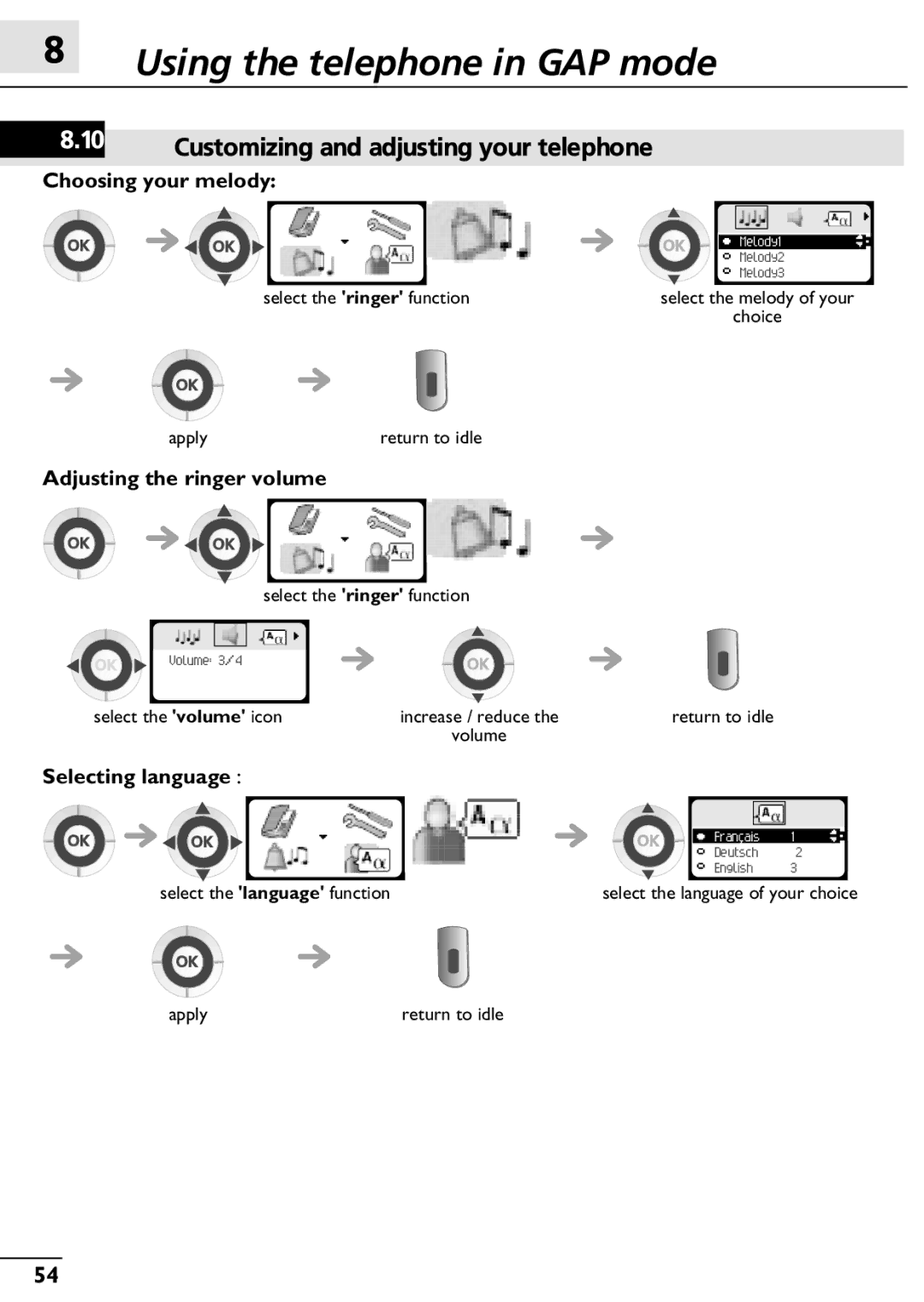 Alcatel-Lucent 300, 400 manual Customizing and adjusting your telephone, Choosing your melody, Adjusting the ringer volume 