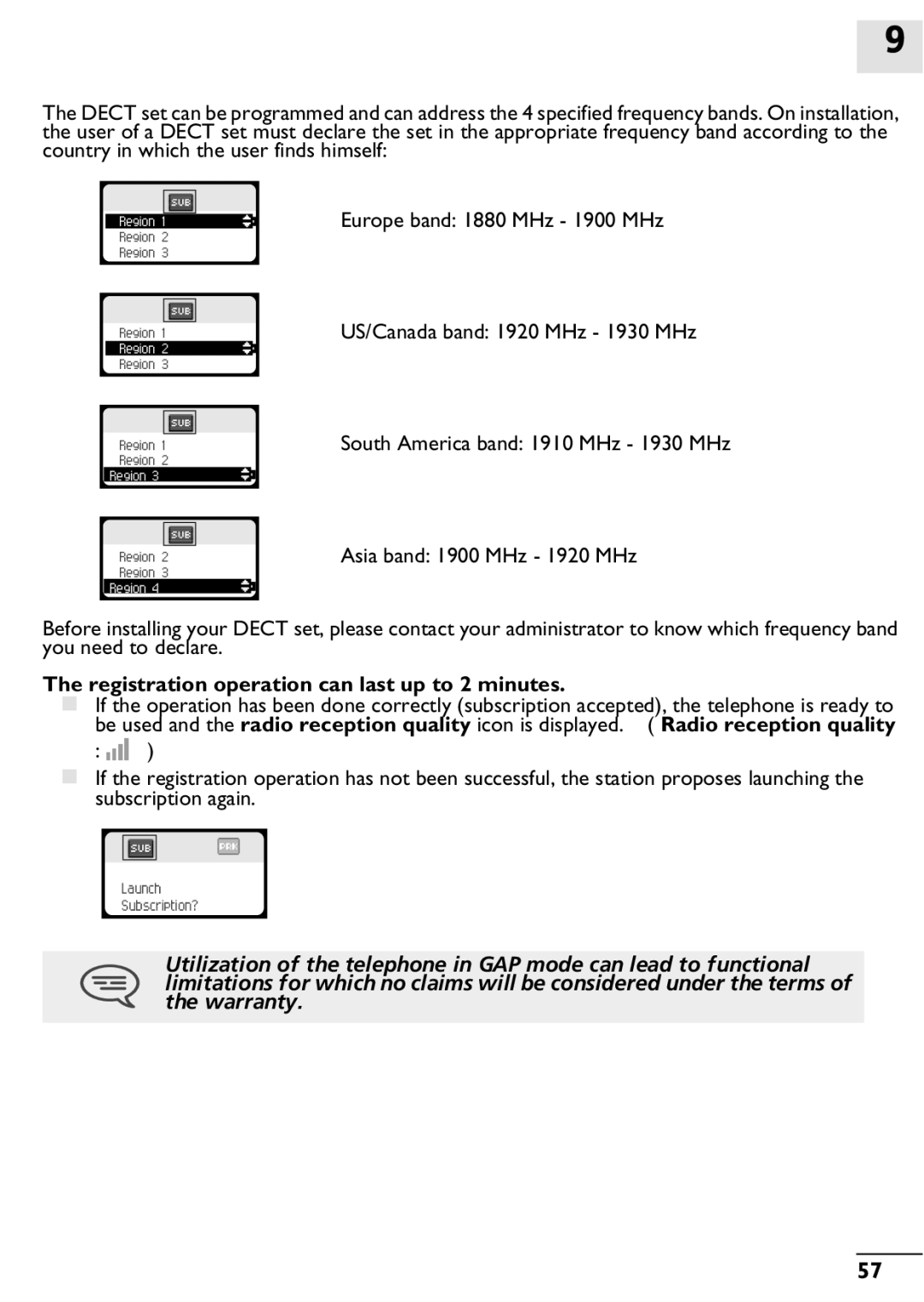 Alcatel-Lucent 400, 300 manual Asia band 1900 MHz 1920 MHz, Registration operation can last up to 2 minutes 