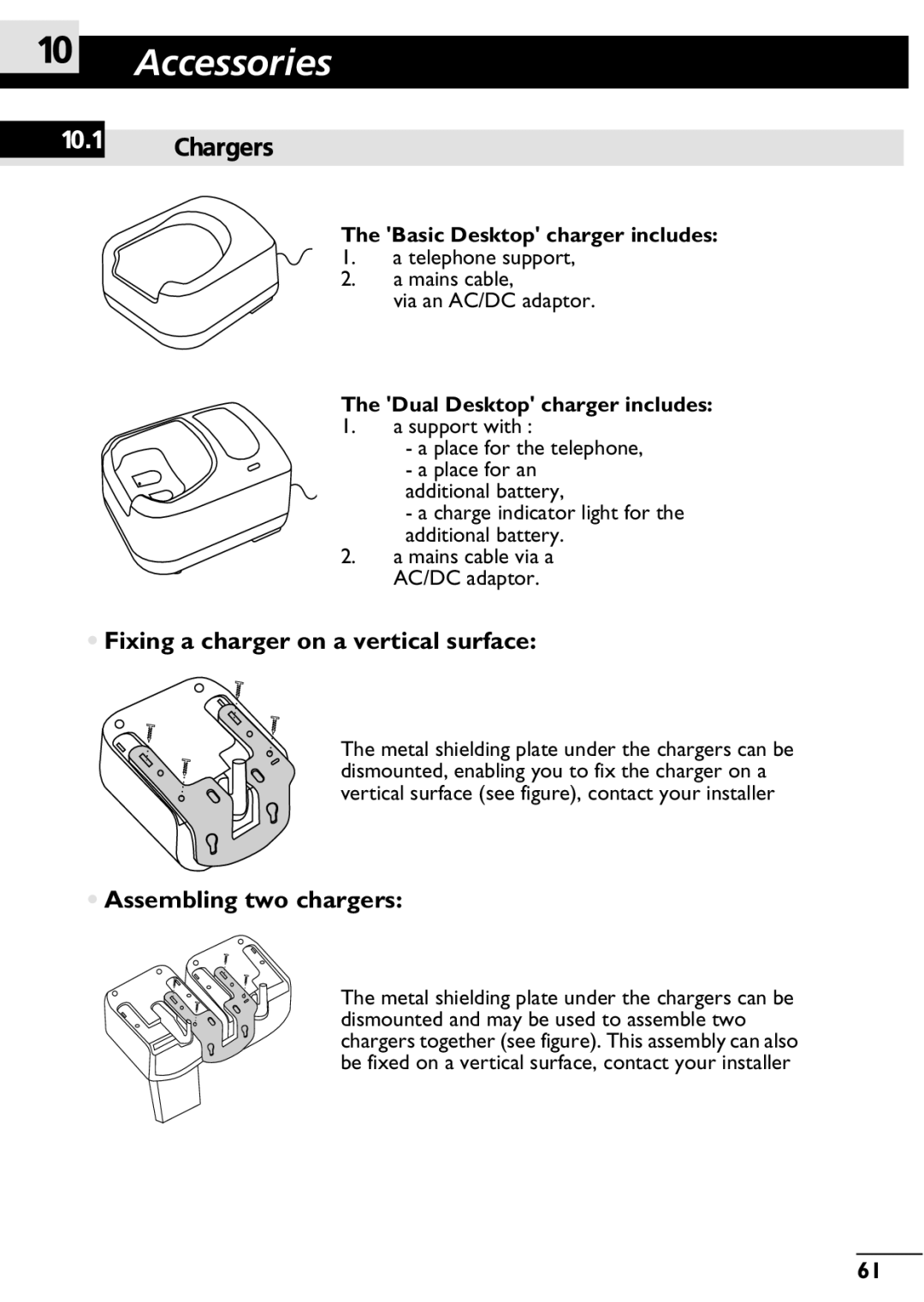 Alcatel-Lucent 400, 300 manual Accessories, Chargers, Fixing a charger on a vertical surface, Assembling two chargers 