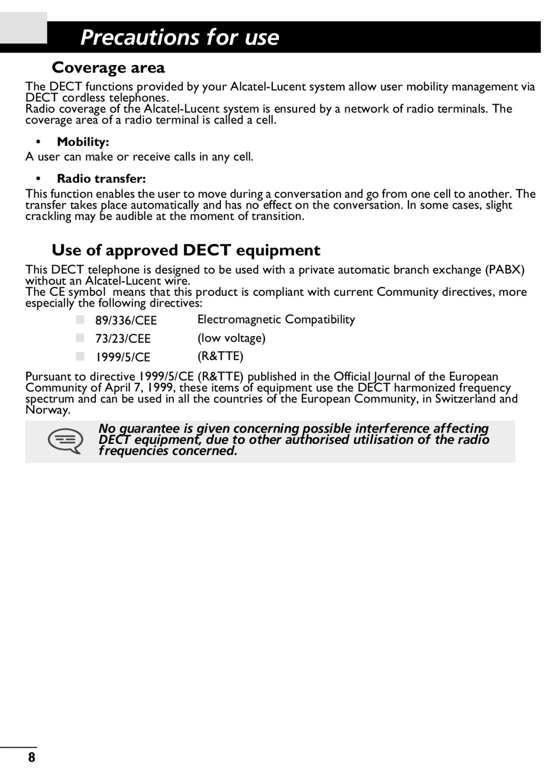 Alcatel-Lucent 300, 400 manual Precautions for use, Mobility, Radio transfer 