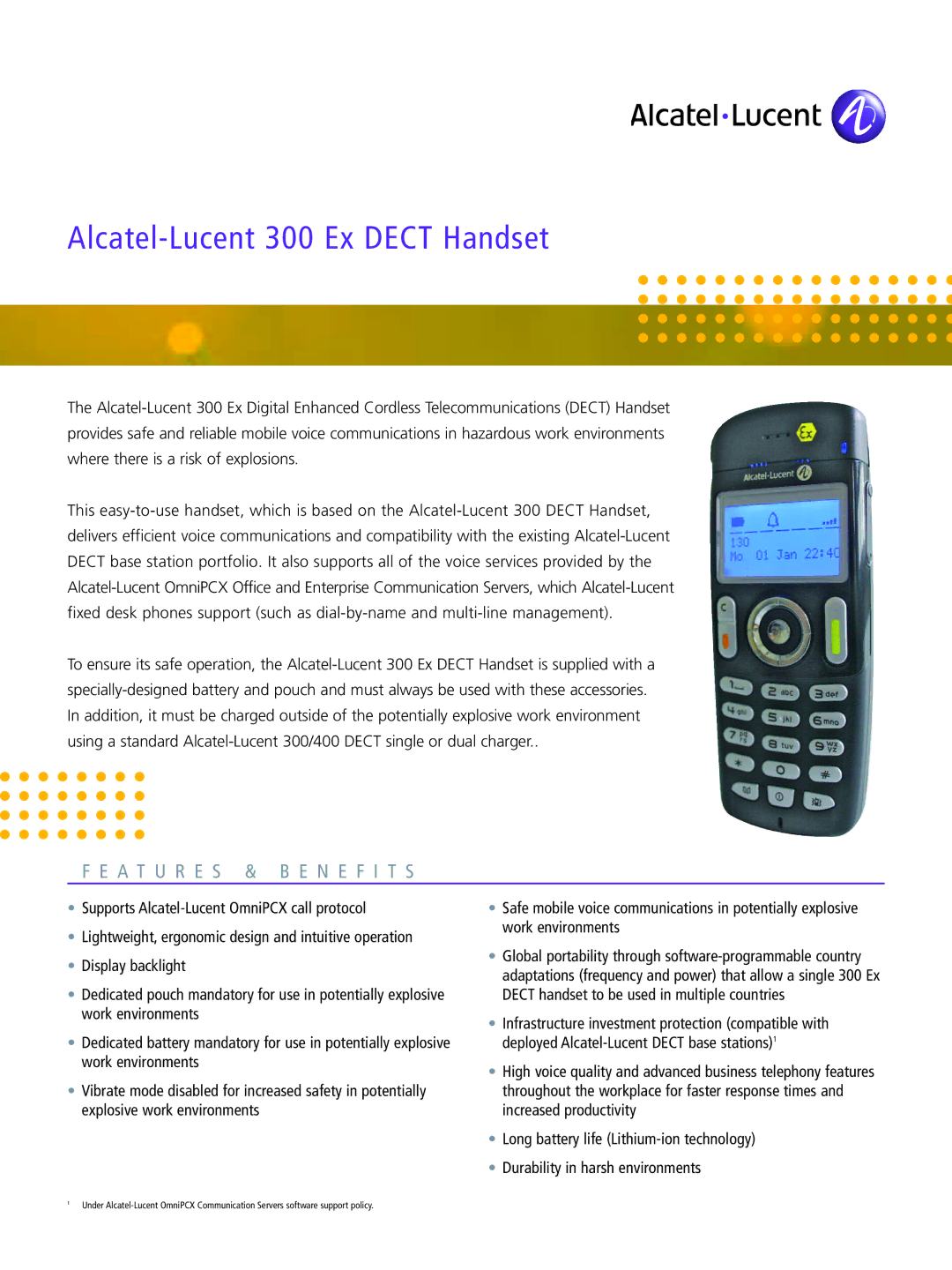 Alcatel-Lucent manual Alcat el-Lucent 300 Ex Dect Handset, Fe Atu Re S & Ben Efi Ts 