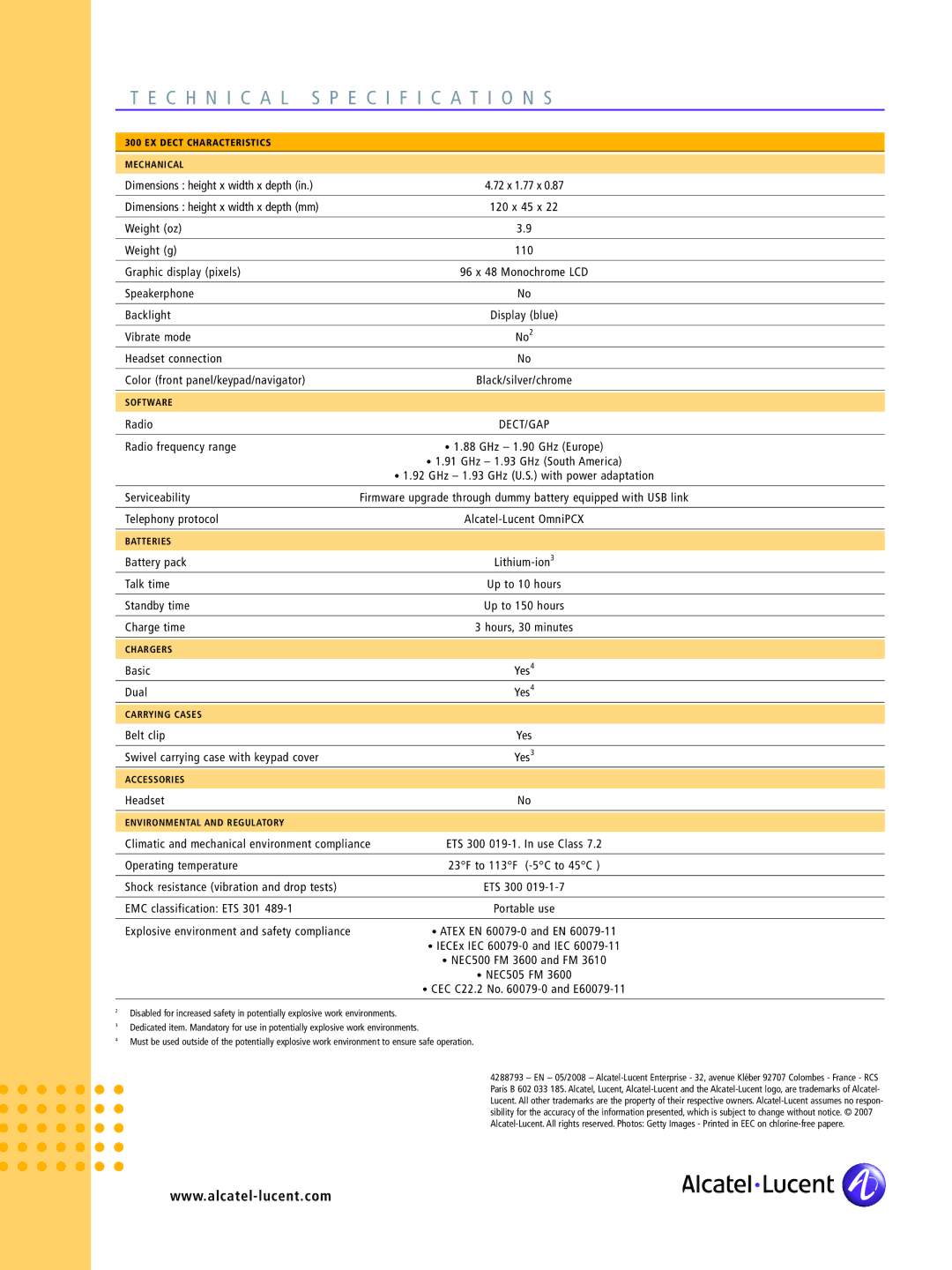 Alcatel-Lucent 300 Ex manual TE Chni CAL Pecifications 