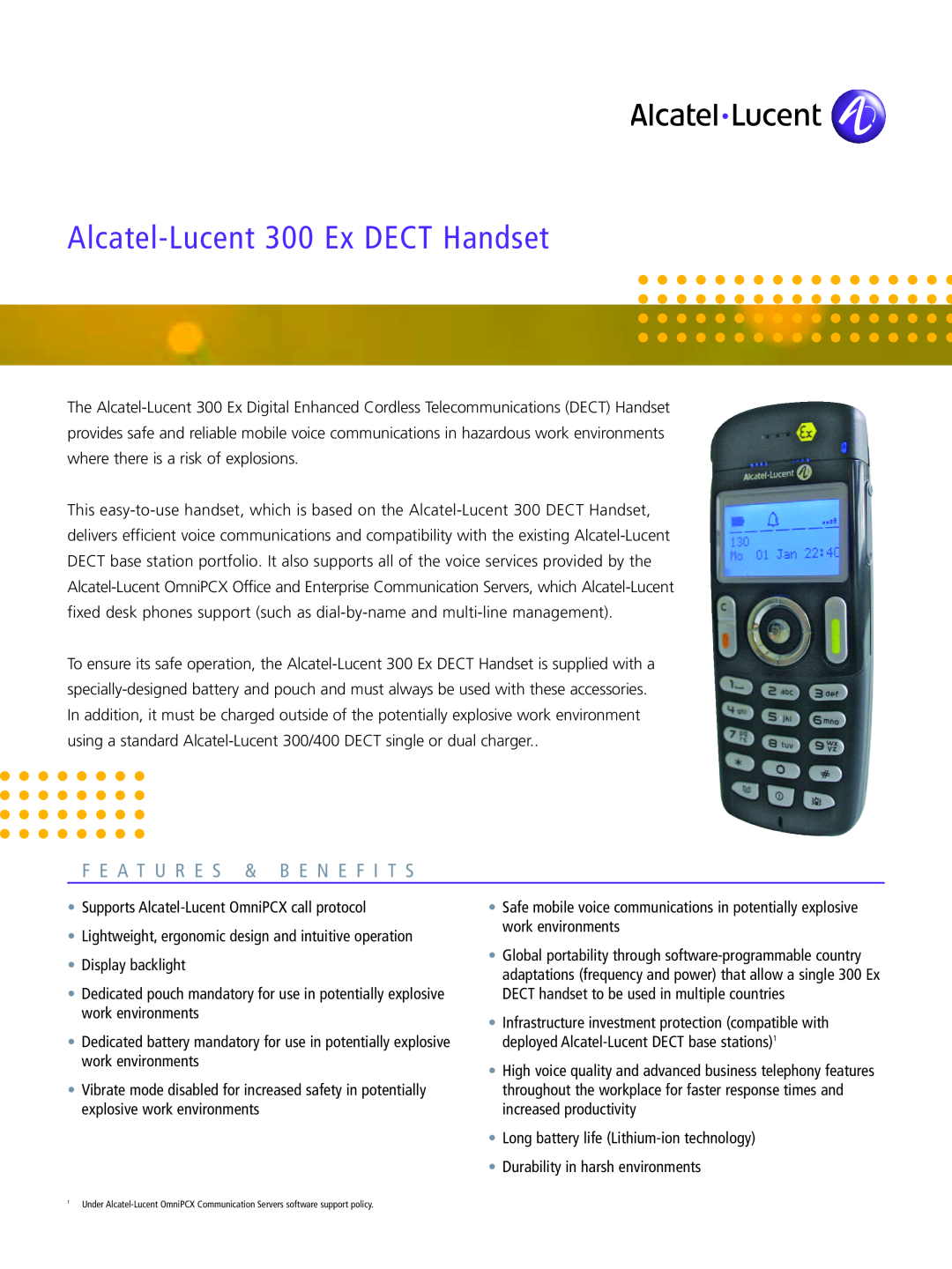 Alcatel-Lucent manual Fe Atu Re S & Ben Efi Ts, Alcat el-Lucent300 Ex DECT Handset 