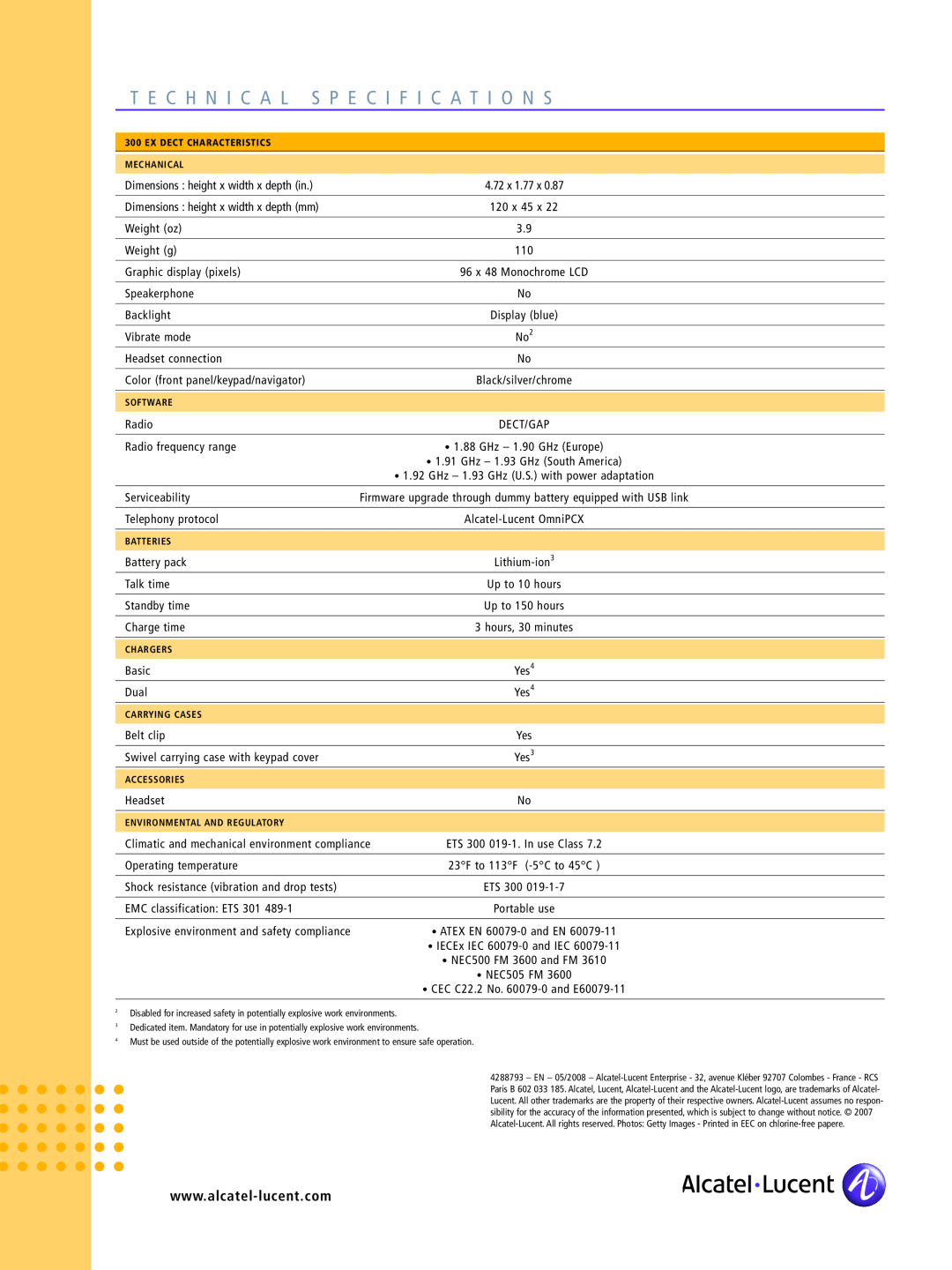 Alcatel-Lucent 300 Ex manual Te Chni, S Pecifications 