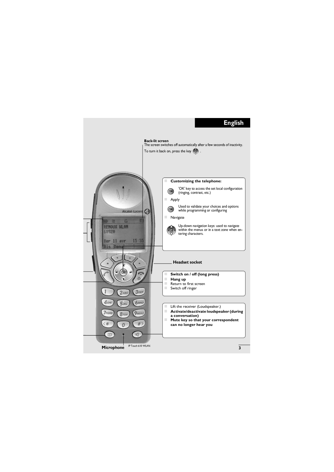 Alcatel-Lucent 610, 310 manual Used to validate your choices and options, Microphone 