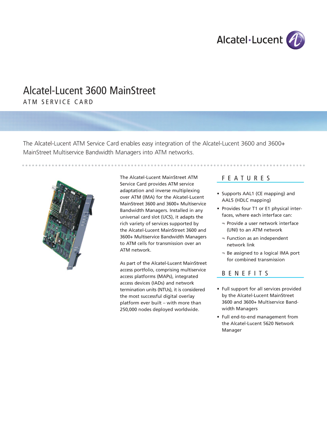 Alcatel-Lucent 3600 manual M S E R V I C E C a R D, A T U R E S, N E F I T S 