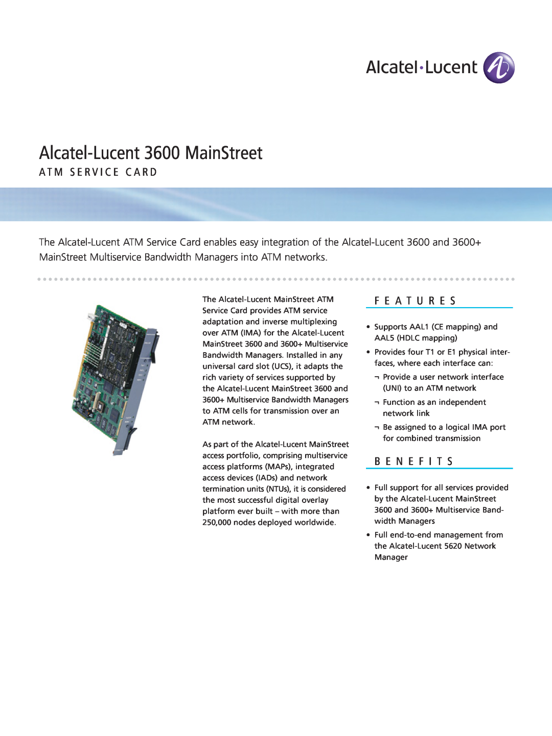 Alcatel-Lucent manual A T M S E R V I C E C A R D, F E A T U R E S, B E N E F I T S, Alcatel-Lucent 3600 MainStreet 