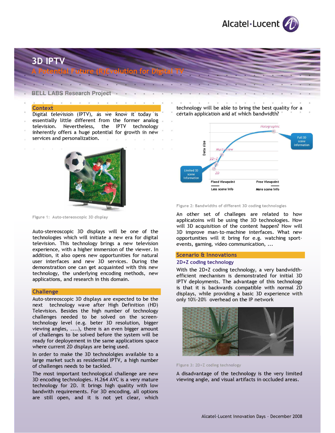 Alcatel-Lucent 3D IPTV manual Context, Challenge, Scenario & Innovations, 2D+Z coding technology 