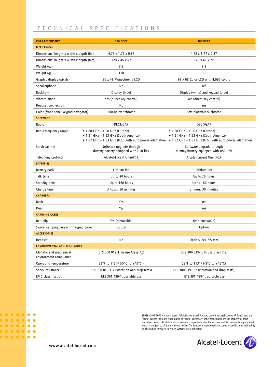 Alcatel-Lucent 400 manual Chni CAL Pecifications 