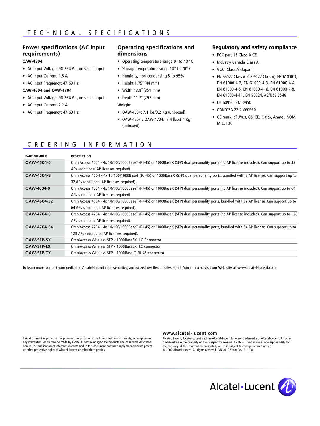 Alcatel-Lucent 4704, 4504, 4604 manual ORD Informa Tion, Regulatory and safety compliance 