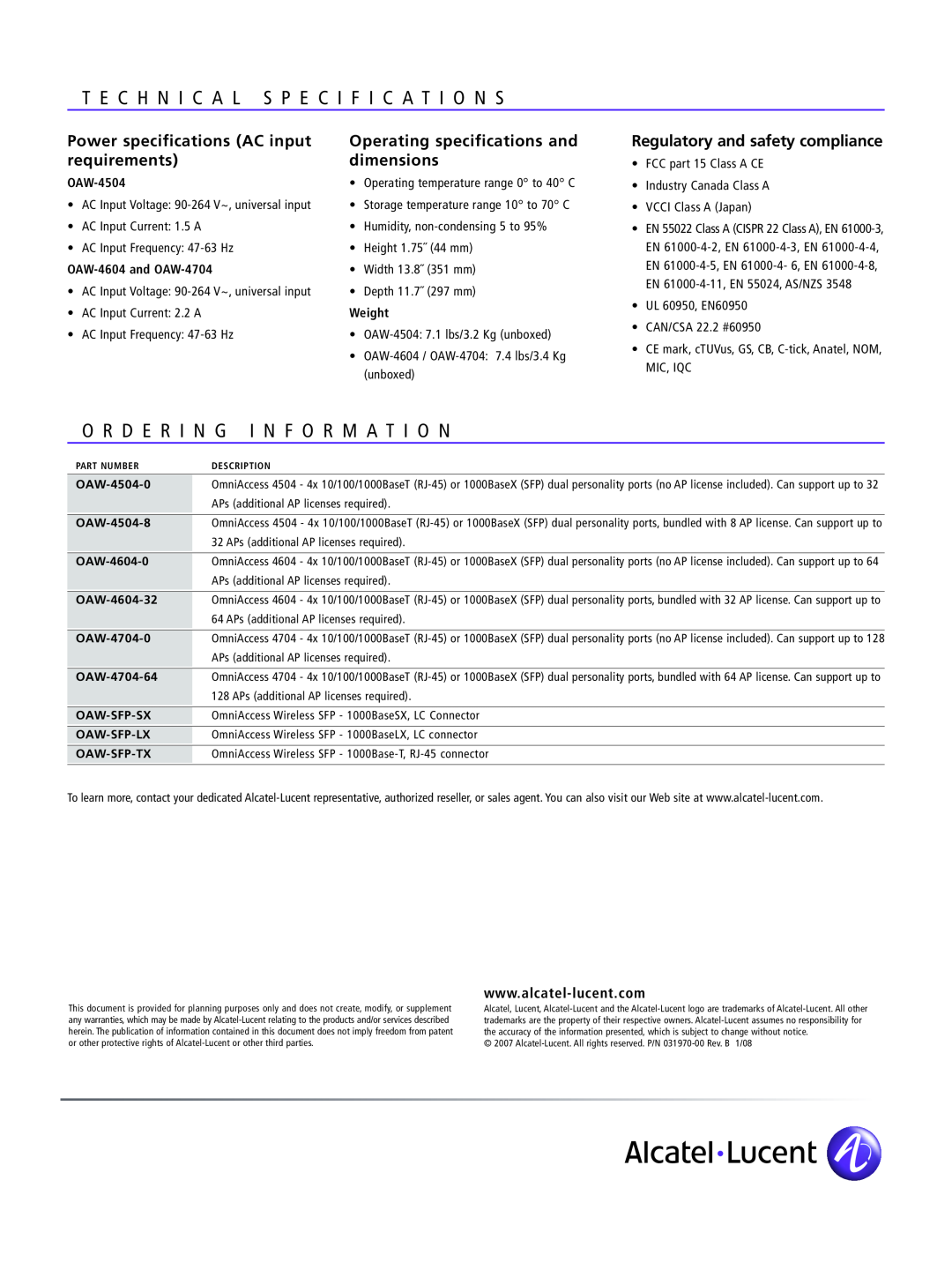 Alcatel-Lucent 4704 I Ng, Informa, Tion, Power specifications AC input, Operating specifications and, requireme nts, Ions 