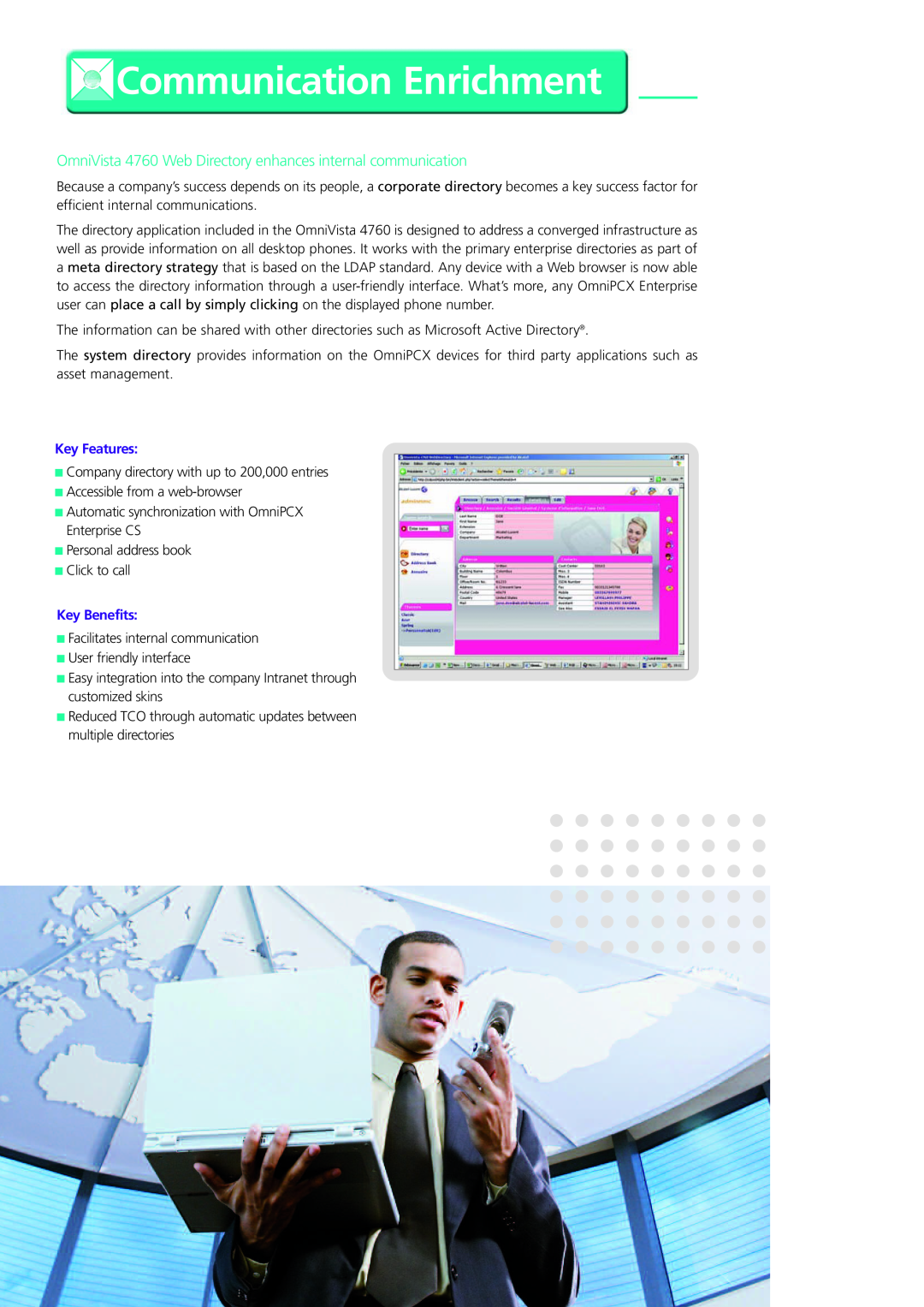 Alcatel-Lucent Communication Enrichment, OmniVista 4760 Web Directory enhances internal communication, Key Features 