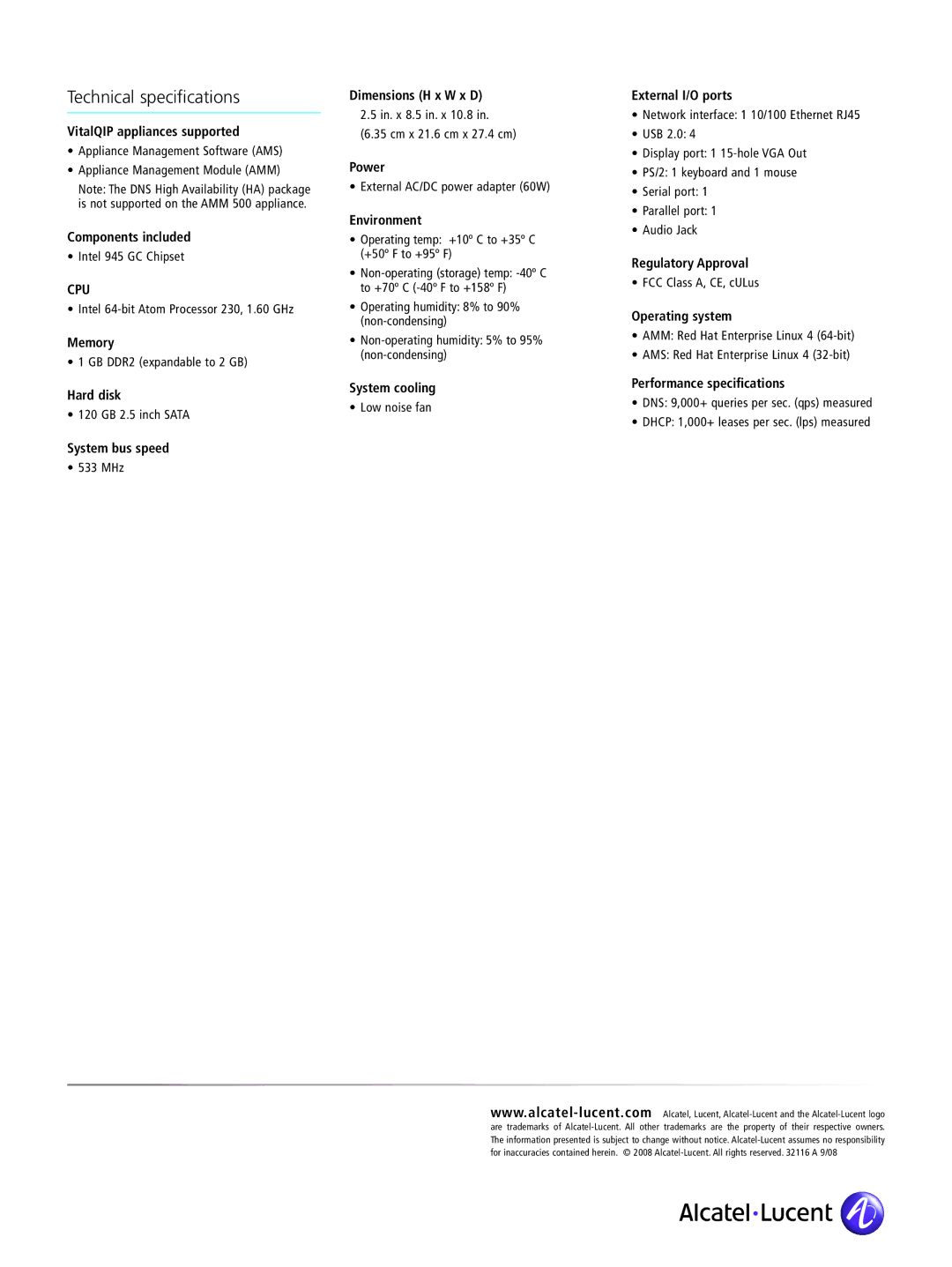 Alcatel-Lucent 500 manual Technical speciﬁcations, Cpu 