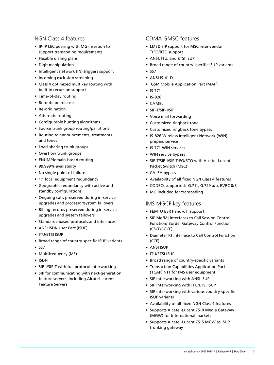 Alcatel-Lucent 5020 MGC-8 manual NGN Class 4 features 