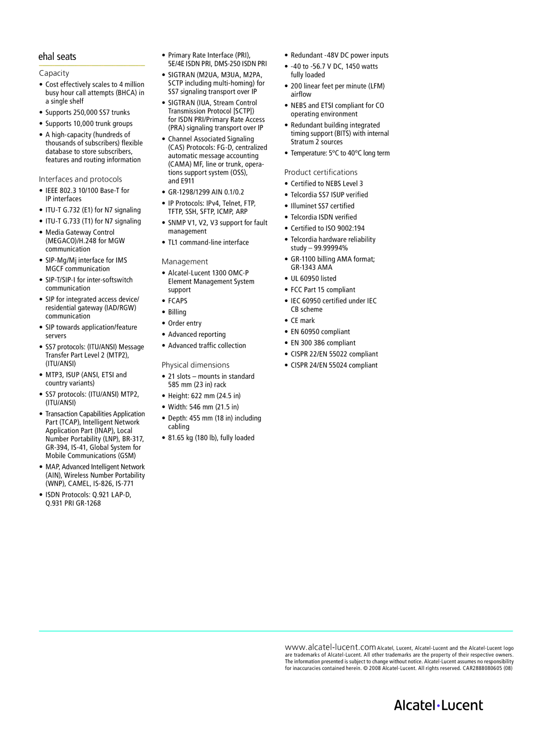 Alcatel-Lucent 5020 MGC-8 manual Technical specifications, Capacity 