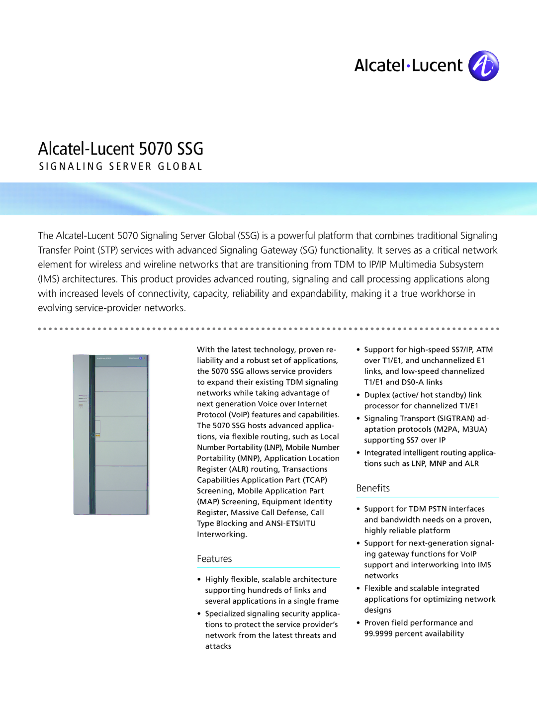 Alcatel-Lucent 5070 SSG manual Features, Benefits 