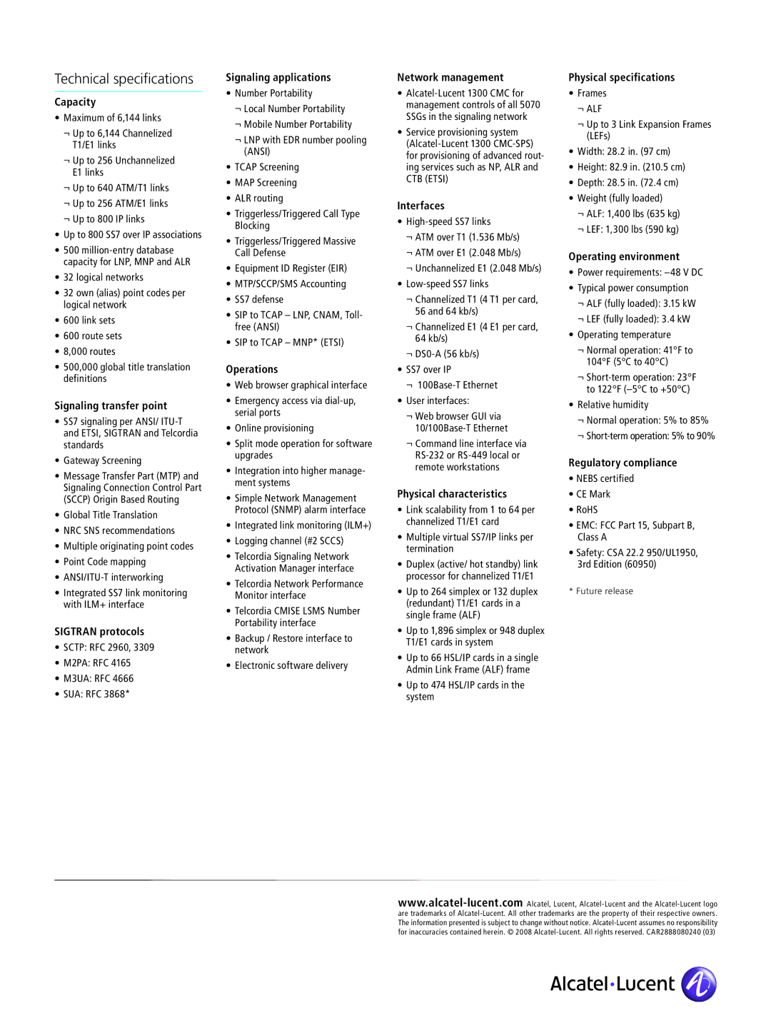 Alcatel-Lucent 5070 SSG manual Technical specifications 