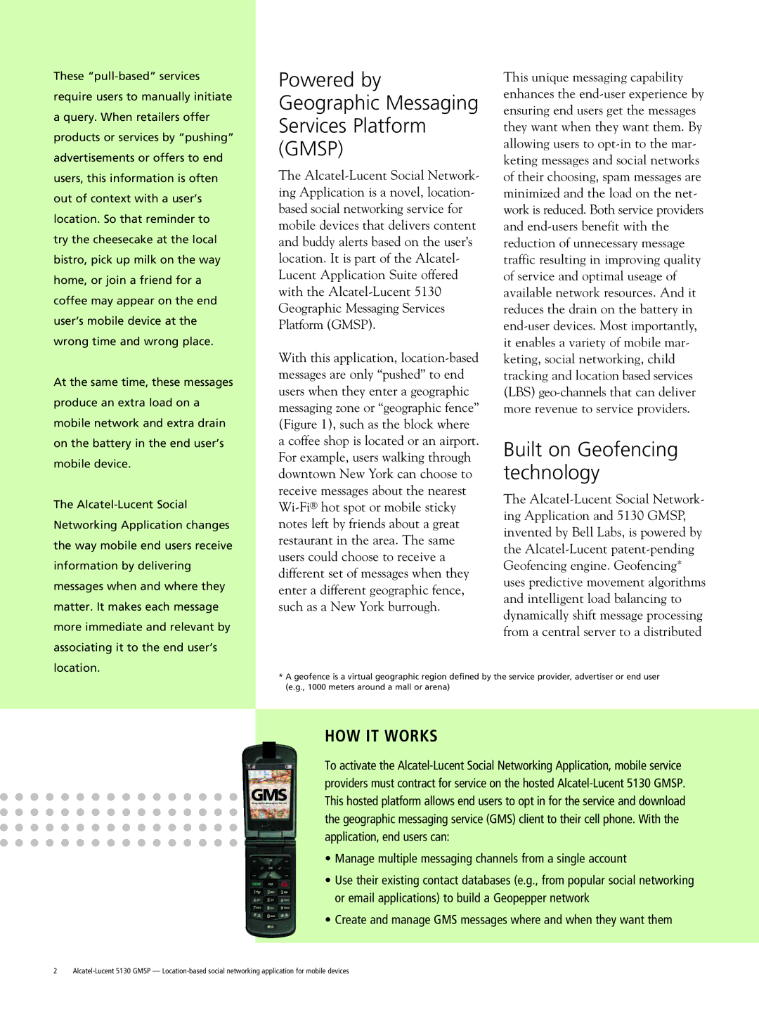 Alcatel-Lucent 5130 manual Powered by Geographic Messaging Services Platform Gmsp 