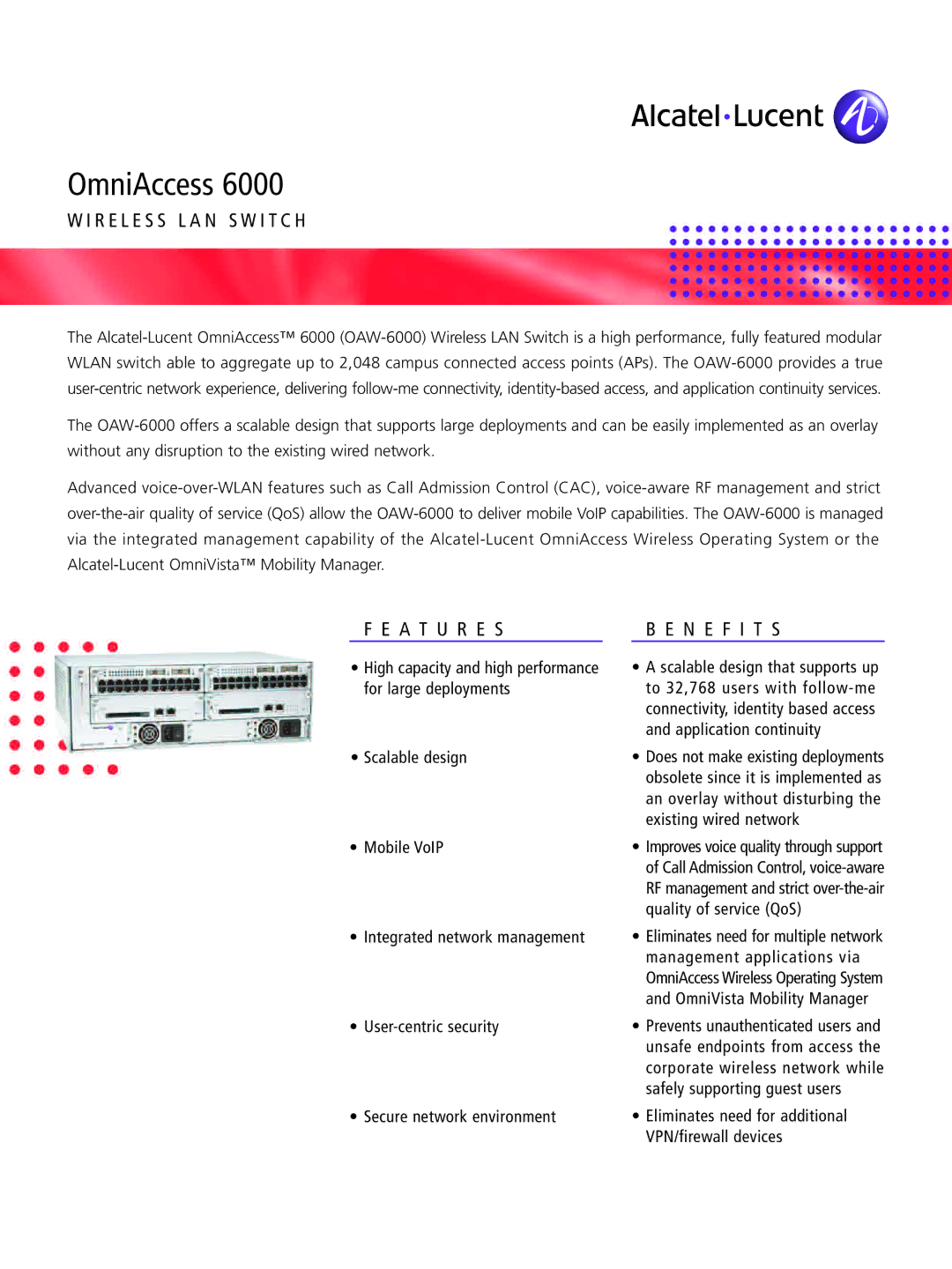 Alcatel-Lucent 6000 manual WIR Eless LAN Switc H, Fea Tu Re S Ene Fit S 