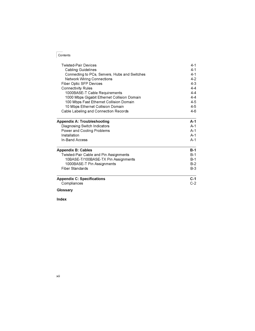 Alcatel-Lucent 6300-24 manual Appendix a Troubleshooting, Appendix B Cables, Appendix C Specifications, Glossary Index 