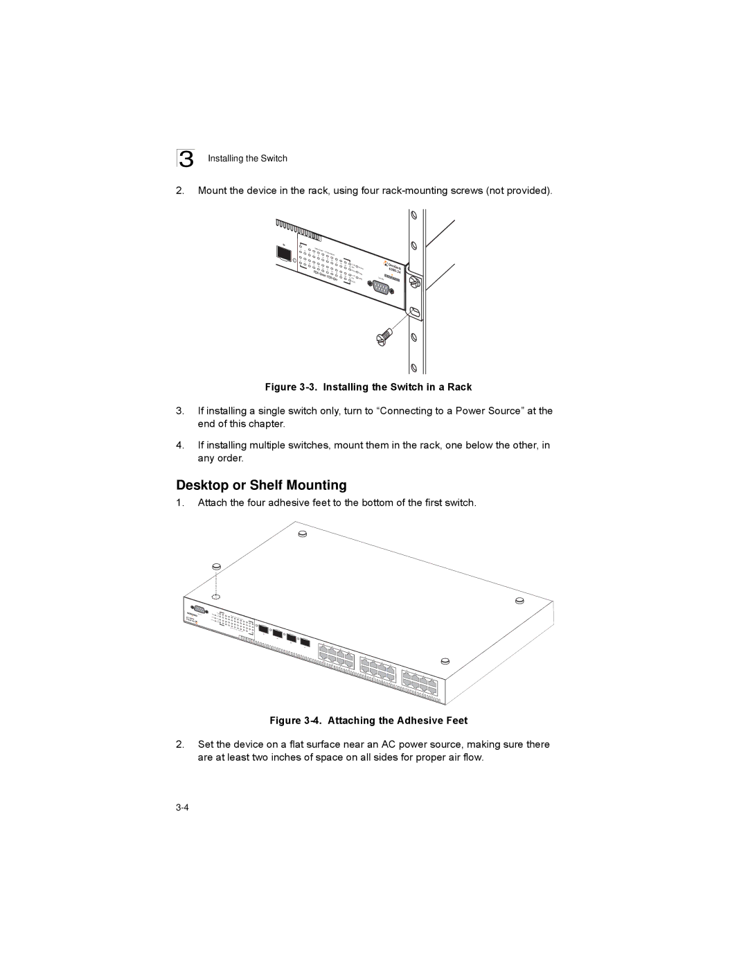 Alcatel-Lucent 6300-24 manual Desktop or Shelf Mounting, Installing the Switch in a Rack 