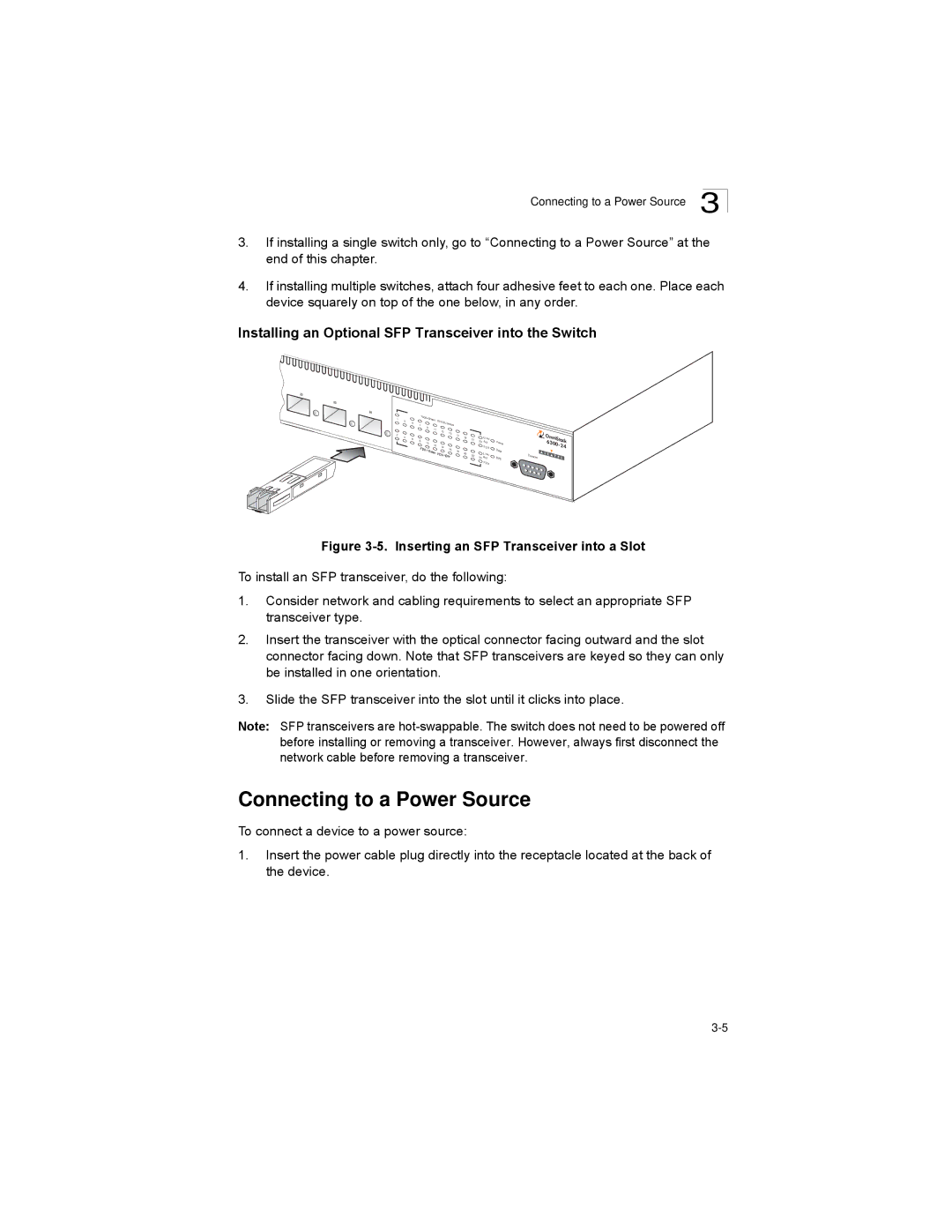 Alcatel-Lucent 6300-24 manual Connecting to a Power Source, Installing an Optional SFP Transceiver into the Switch 