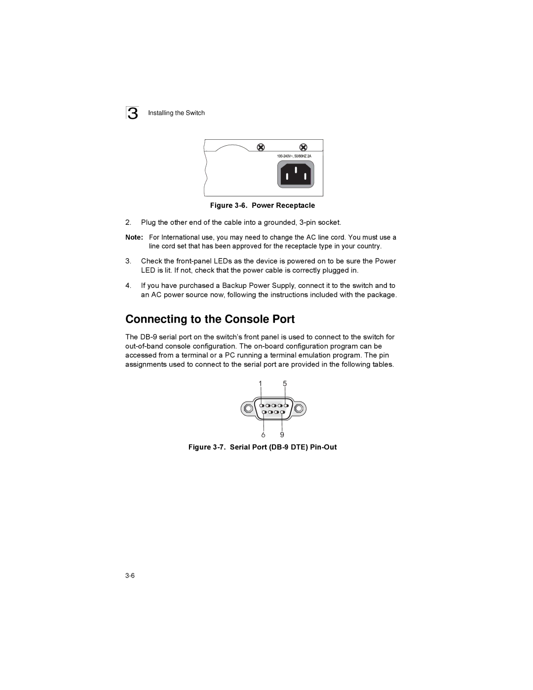 Alcatel-Lucent 6300-24 manual Connecting to the Console Port, Power Receptacle 