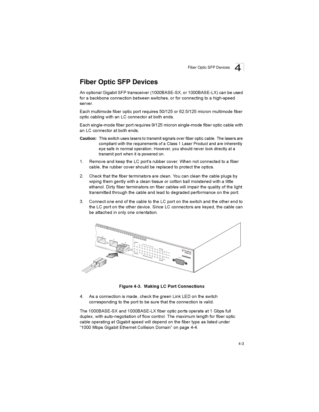 Alcatel-Lucent 6300-24 manual Fiber Optic SFP Devices, Making LC Port Connections 