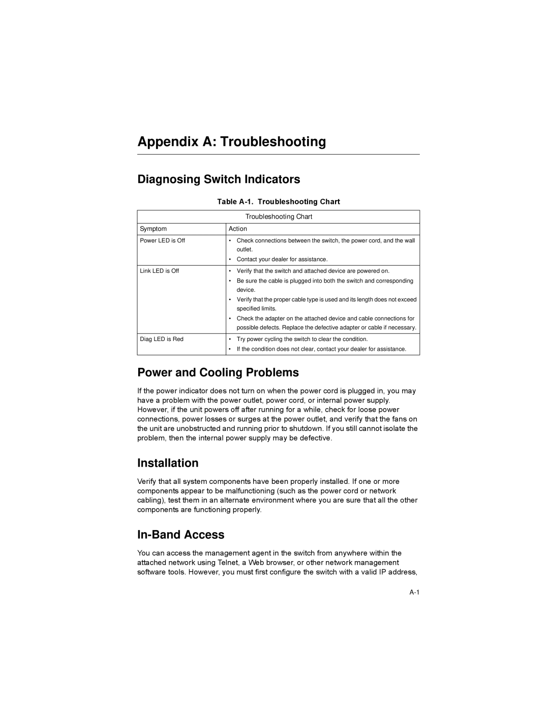 Alcatel-Lucent 6300-24 Appendix a Troubleshooting, Diagnosing Switch Indicators, Power and Cooling Problems, Installation 