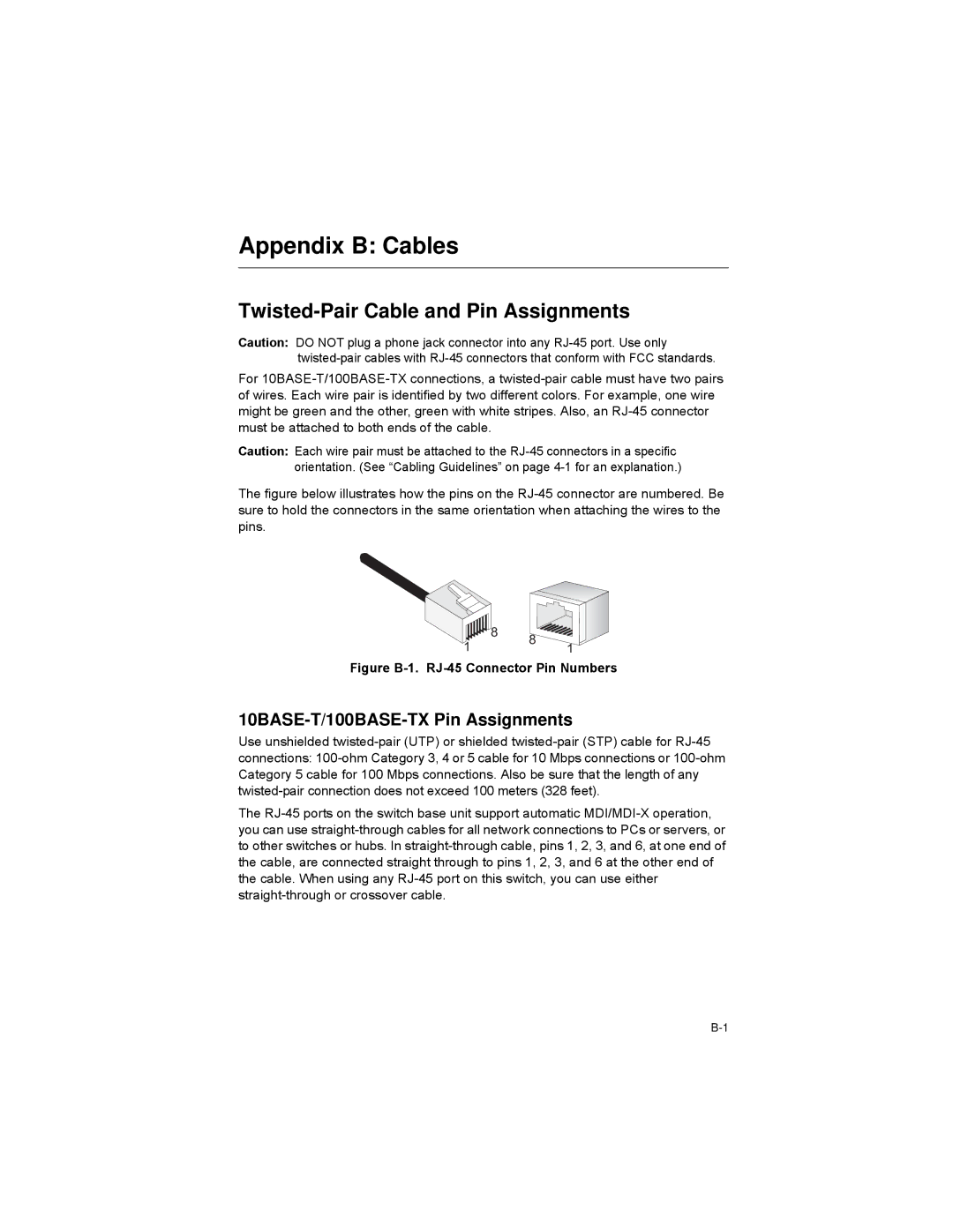 Alcatel-Lucent 6300-24 Appendix B Cables, Twisted-Pair Cable and Pin Assignments, 10BASE-T/100BASE-TX Pin Assignments 