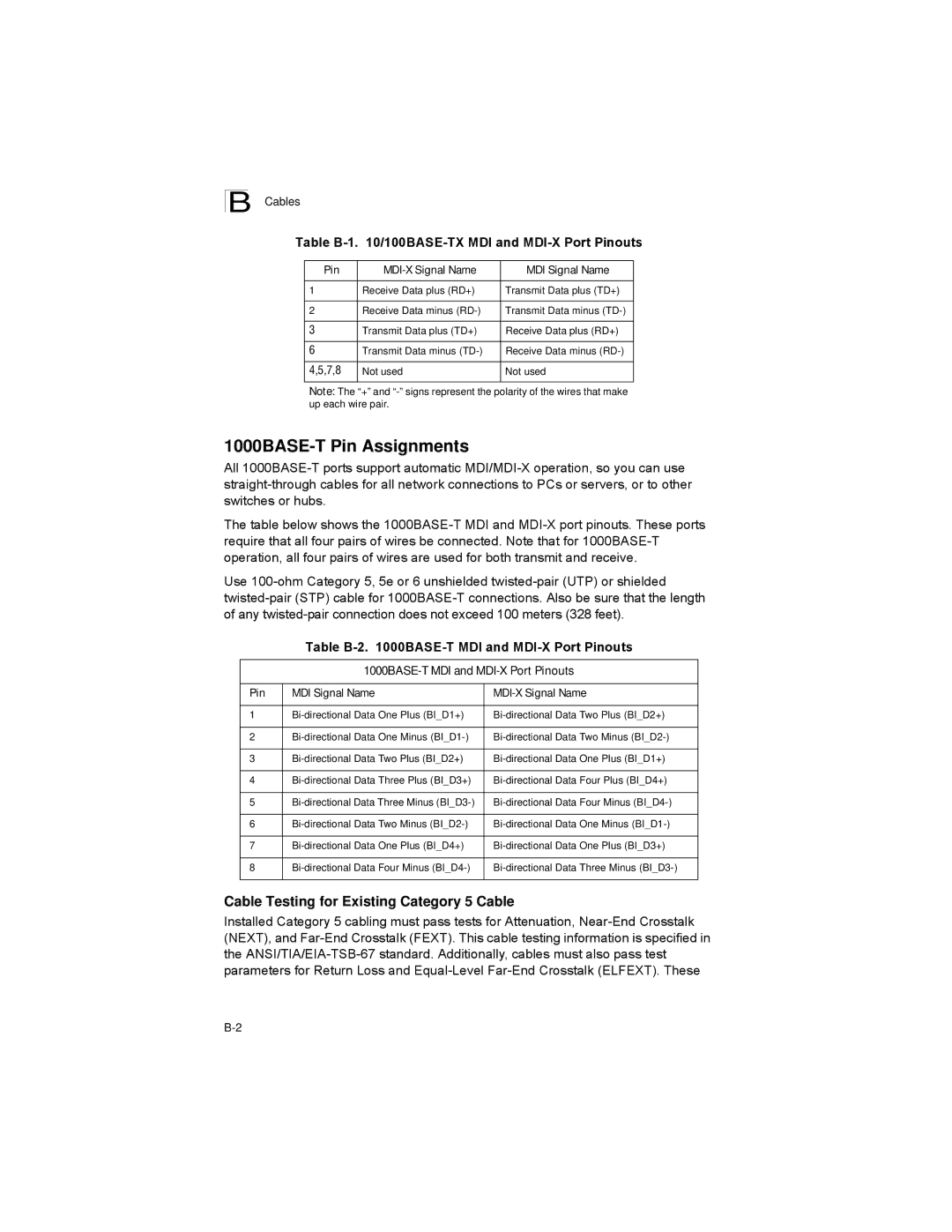 Alcatel-Lucent 6300-24 manual 1000BASE-T Pin Assignments, Cables 