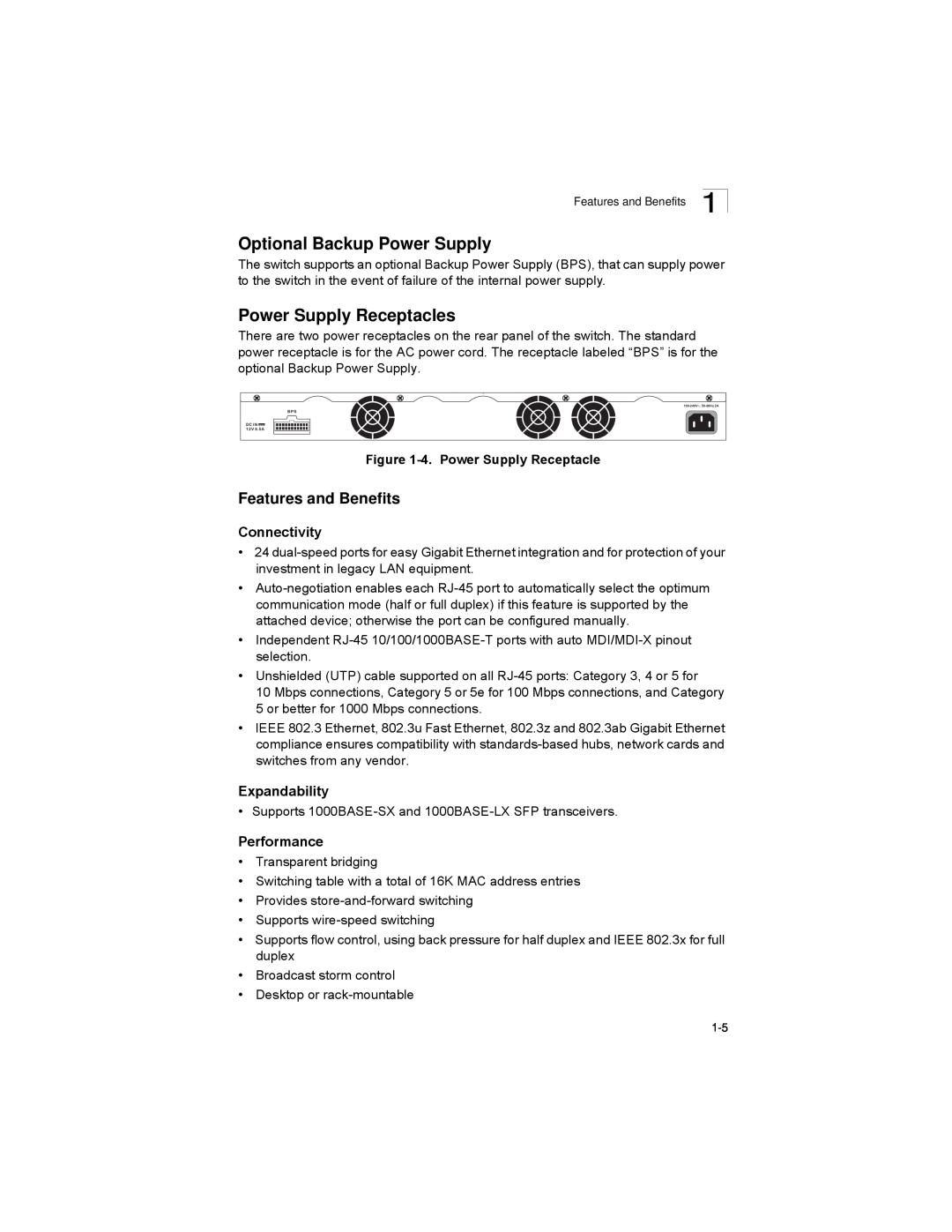 Alcatel-Lucent 6300-24 manual Optional Backup Power Supply, Power Supply Receptacles, Features and Benefits 