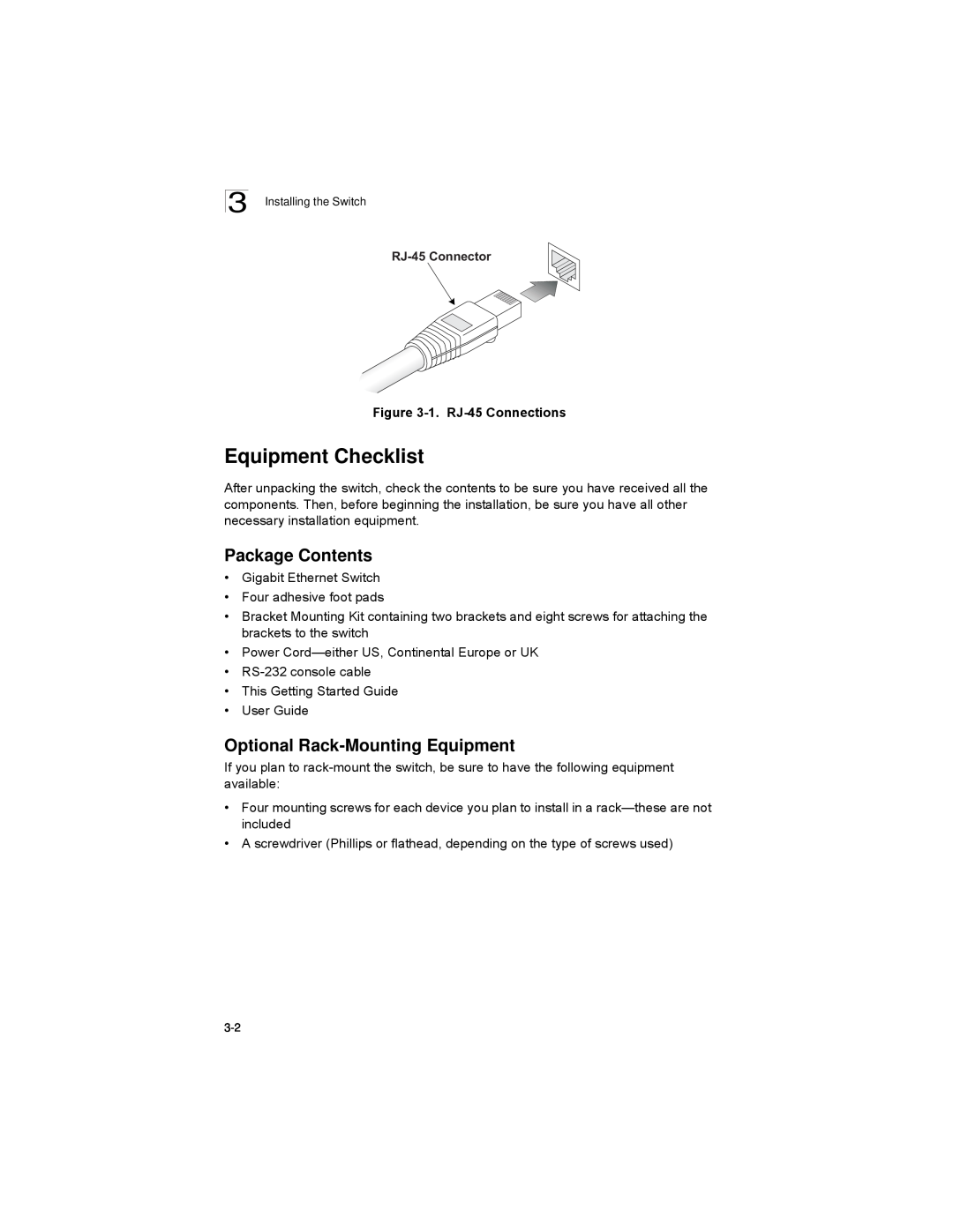 Alcatel-Lucent 6300-24 manual Equipment Checklist, Package Contents, Optional Rack-Mounting Equipment, RJ-45 Connector 