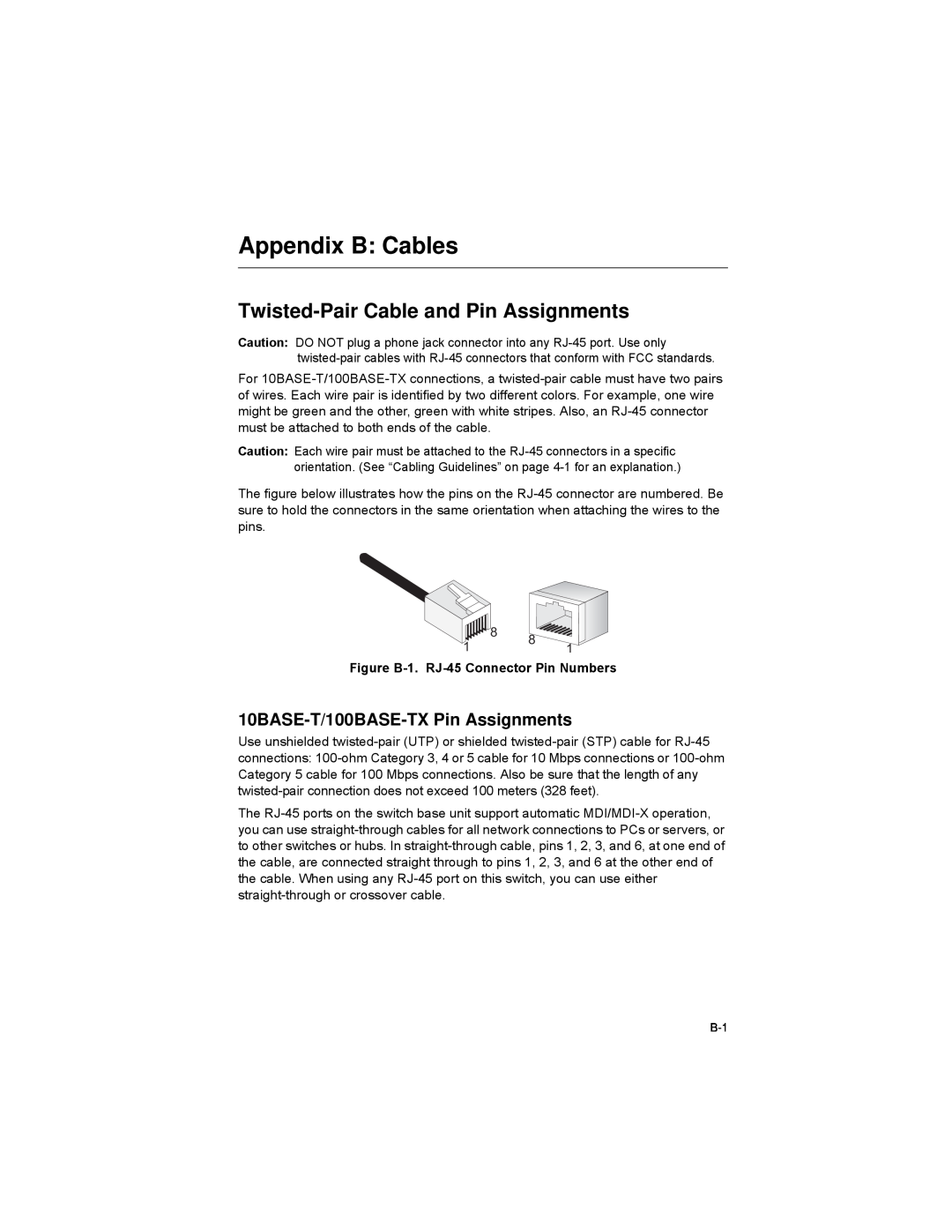 Alcatel-Lucent 6300-24 Appendix B Cables, Twisted-Pair Cable and Pin Assignments, 10BASE-T/100BASE-TX Pin Assignments 