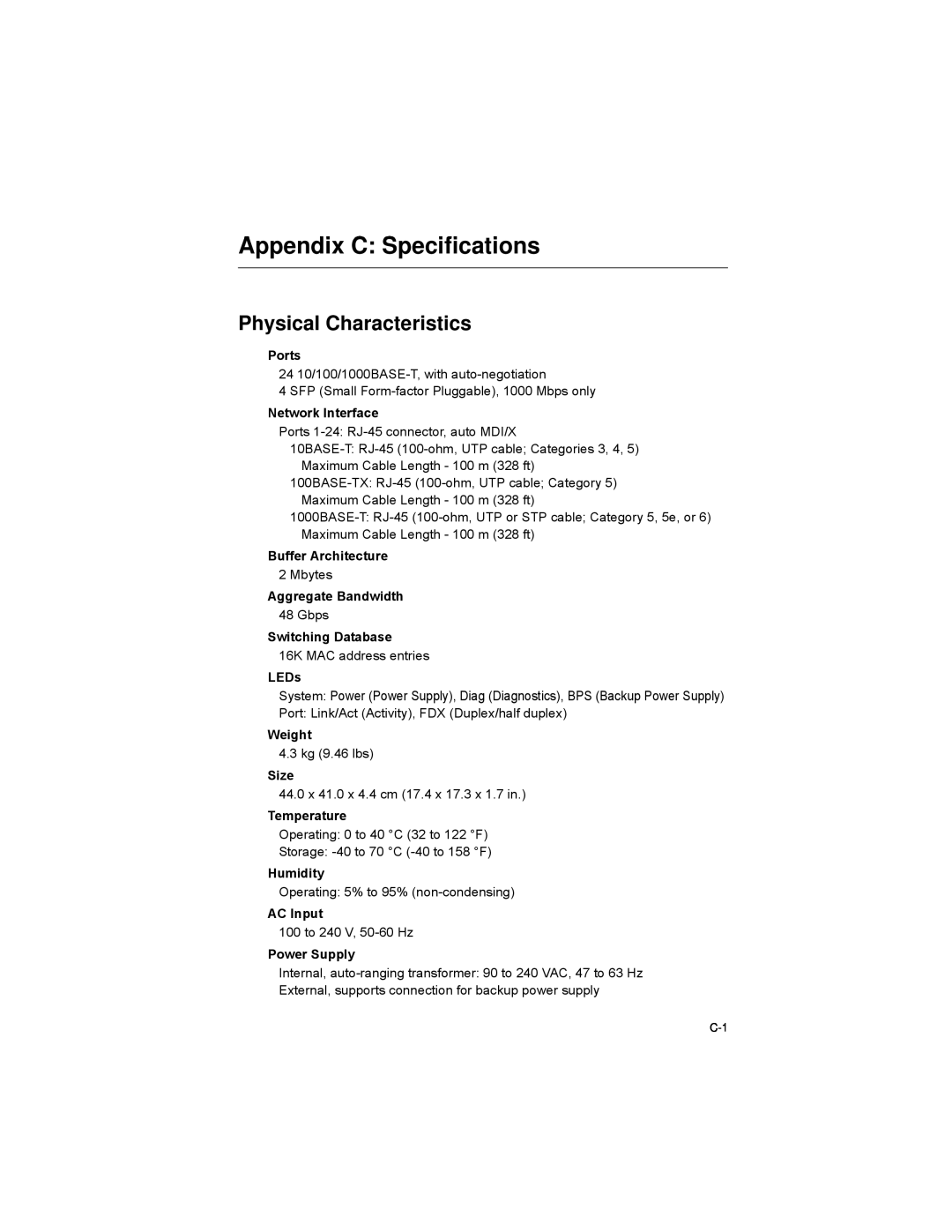 Alcatel-Lucent 6300-24 manual Appendix C Specifications, Physical Characteristics 