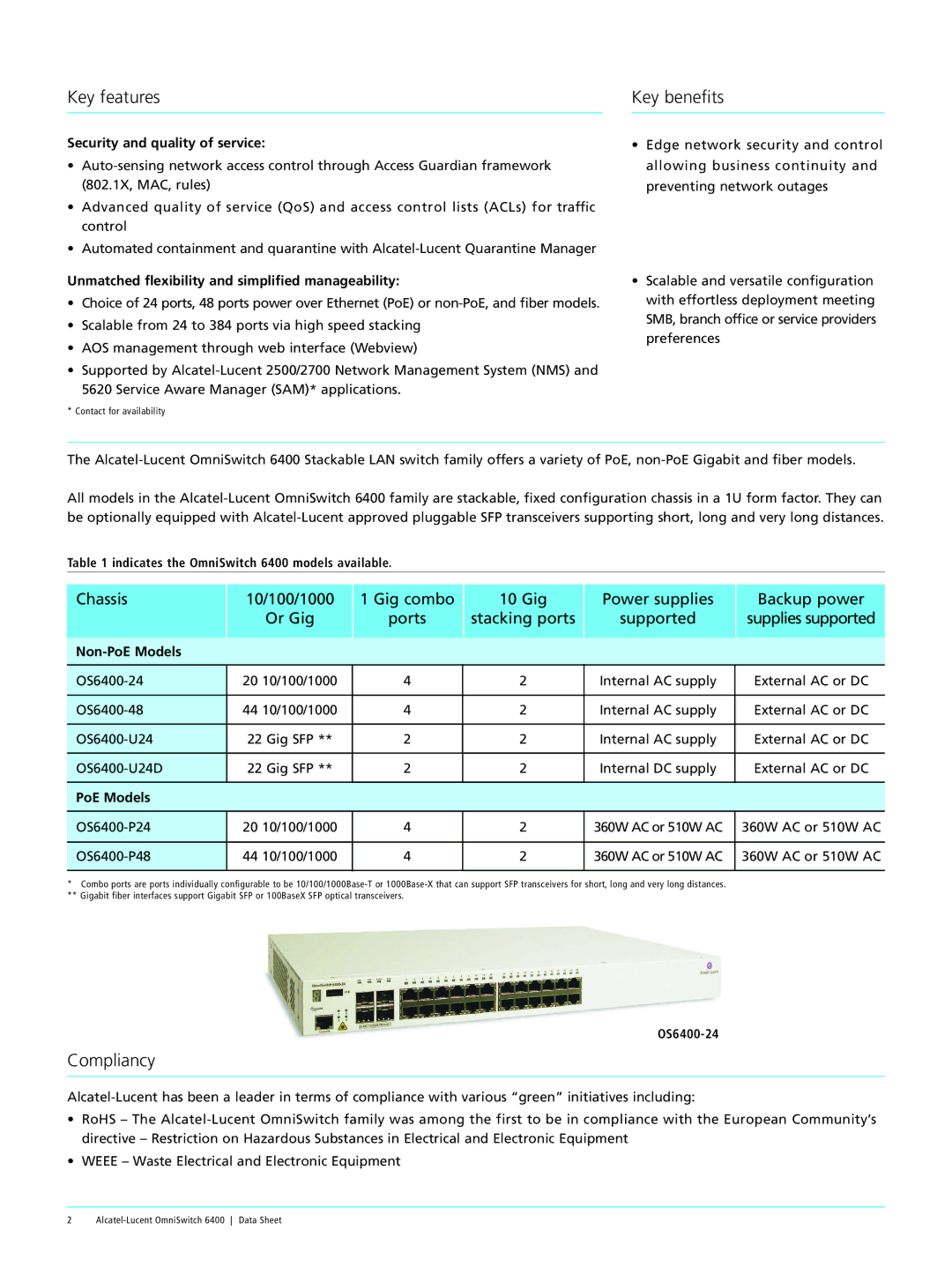 Alcatel-Lucent 6400 manual Key features Key beneﬁts, Compliancy 