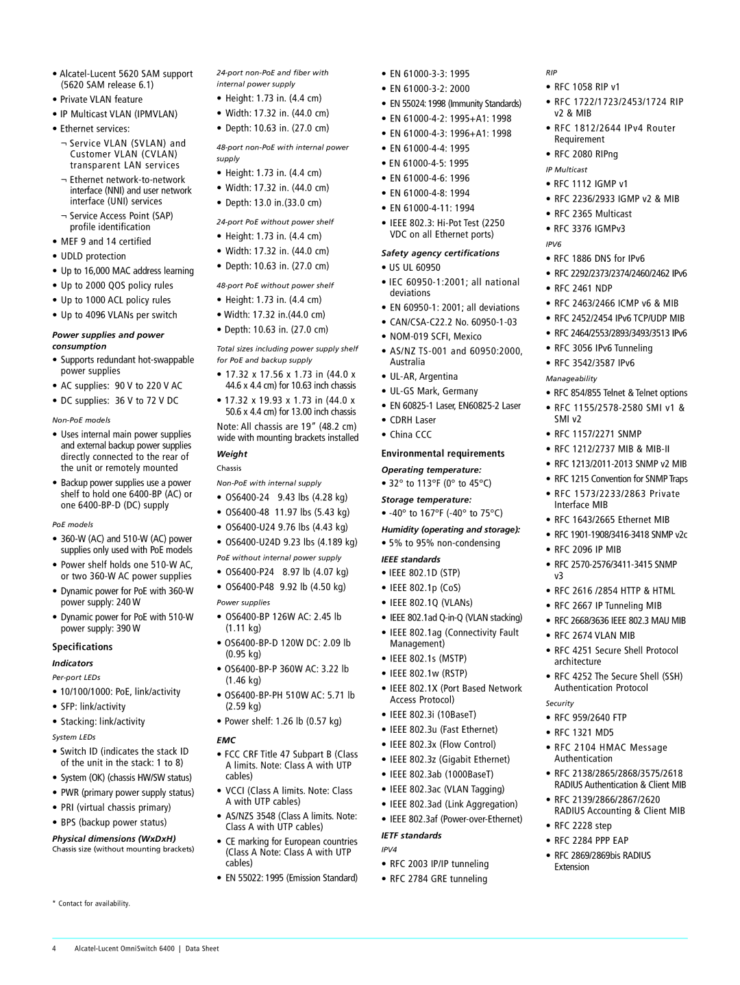 Alcatel-Lucent 6400 manual Specifications, Environmental requirements, RFC 2674 Vlan MIB 