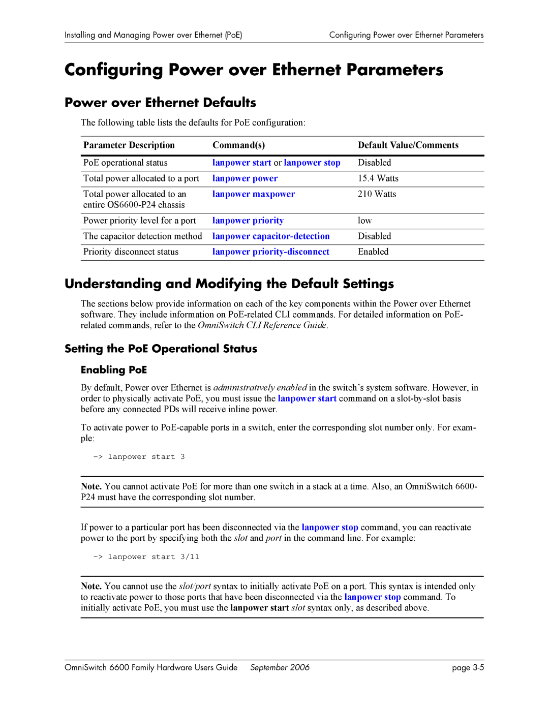 Alcatel-Lucent 6600 manual Configuring Power over Ethernet Parameters, Power over Ethernet Defaults, Enabling PoE 