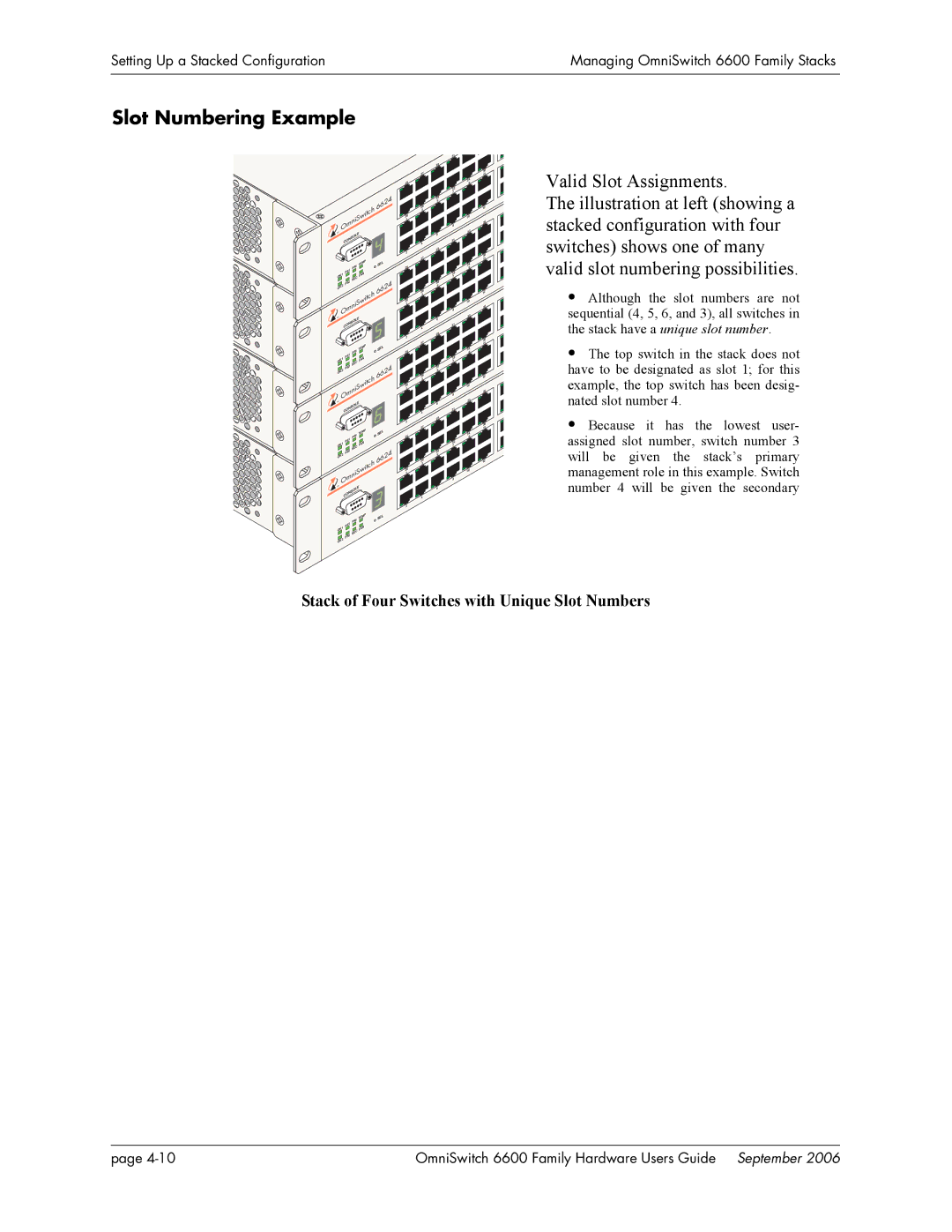 Alcatel-Lucent 6600 manual Slot Numbering Example, Stack of Four Switches with Unique Slot Numbers 